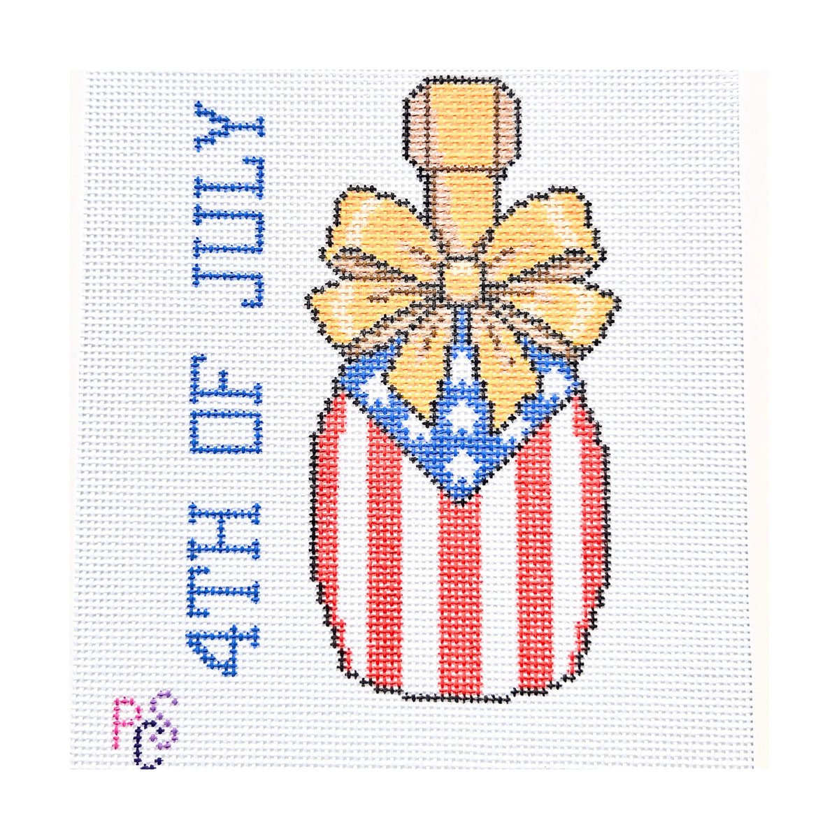 hand-painted 4th of July celebration needlepoint canvas featuring patriotic red white and blue Americana design on 13 Count Zweigart Mono Deluxe Canvas