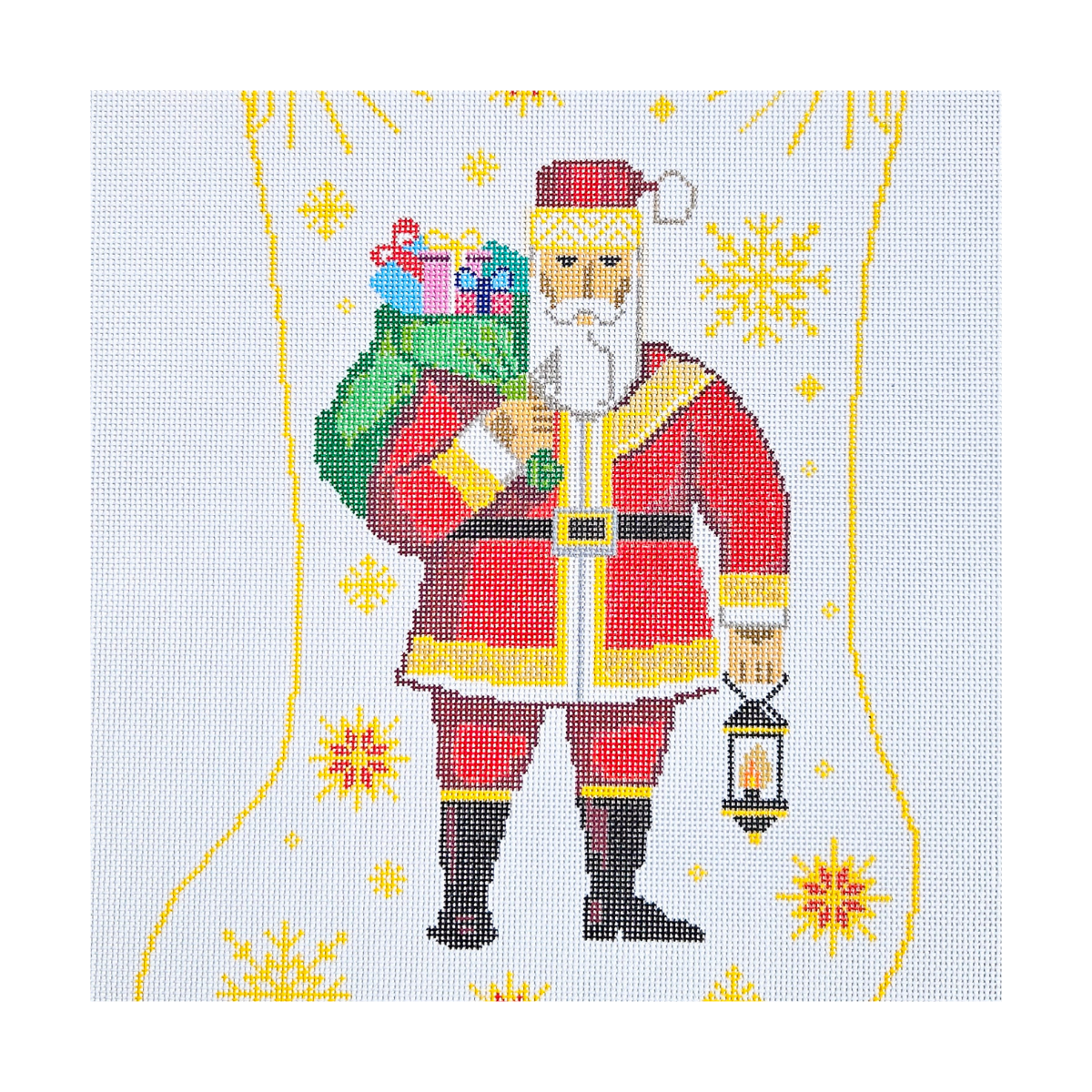 Hand-painted Art Deco Lantern Santa Christmas stocking needlepoint canvas featuring Santa carrying gifts and holding a lantern beneath a geometric celestial border on 13 Count Zweigart Mono Deluxe Canvas.