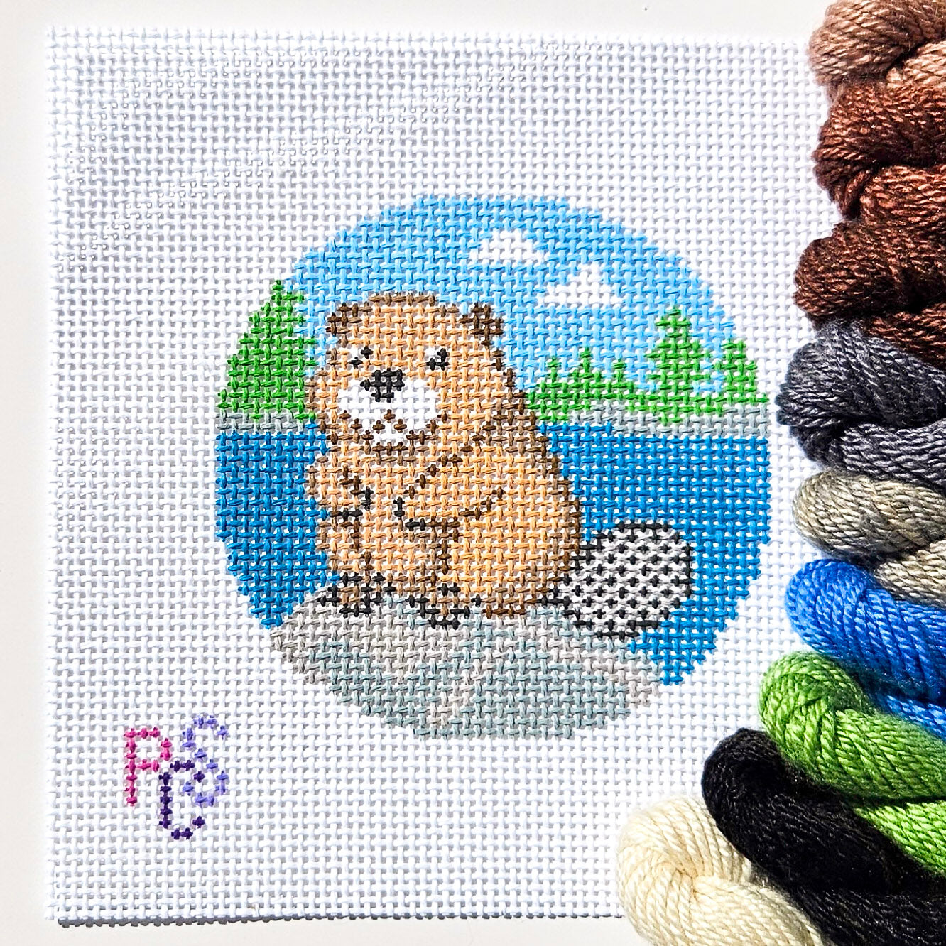 Hand-painted Beaver by the Lake needlepoint canvas with 4 inch round Canadian nature design on 13 count Zweigart mono canvas kitted with Dinky Dyes