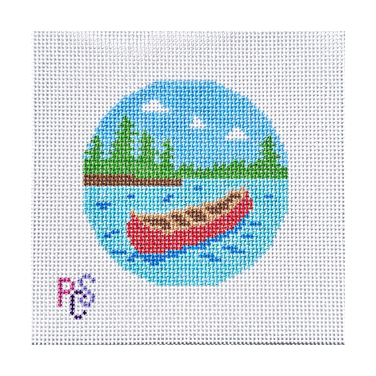 Canoe on the Lake hand-painted needlepoint canvas featuring a red canoe on a blue lake surrounded by evergreen trees