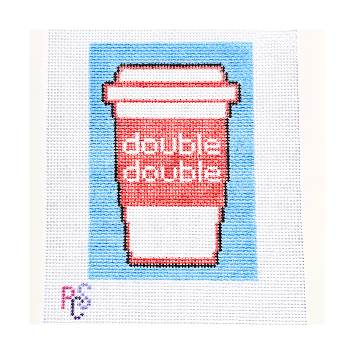 hand-painted Double Double coffee cup needlepoint design on 14 mesh mono canvas for coffee lovers and modern stitching projects