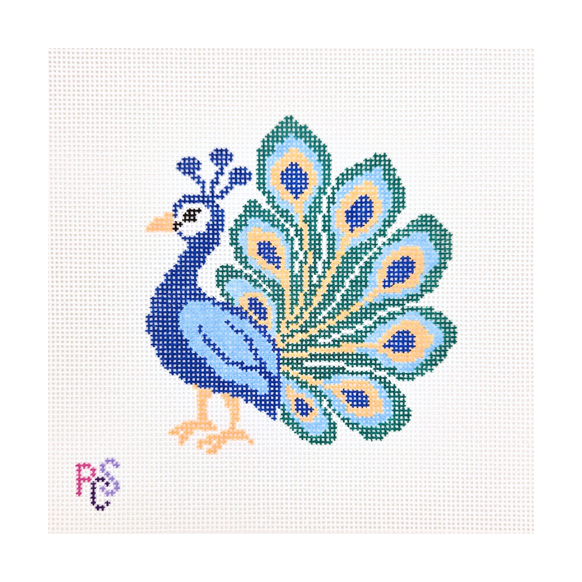 Fortune Peacock hand-painted needlepoint canvas featuring a blue peacock with teal, turquoise and gold decorative tail feathers
