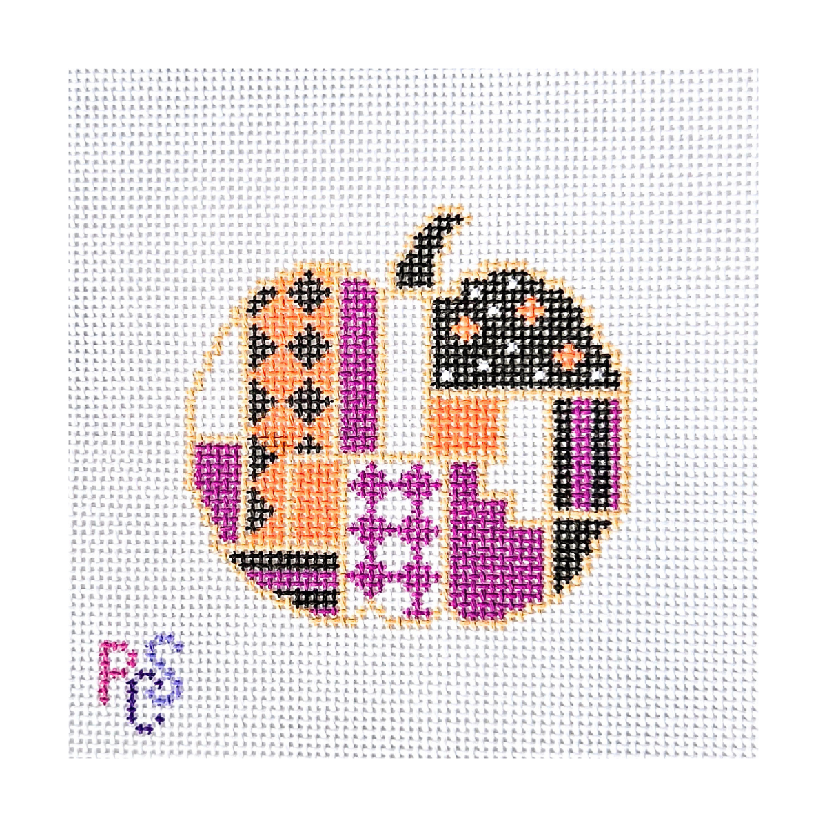 Halloween Pumpkin hand-painted needlepoint canvas featuring orange, purple, black and white geometric patterns