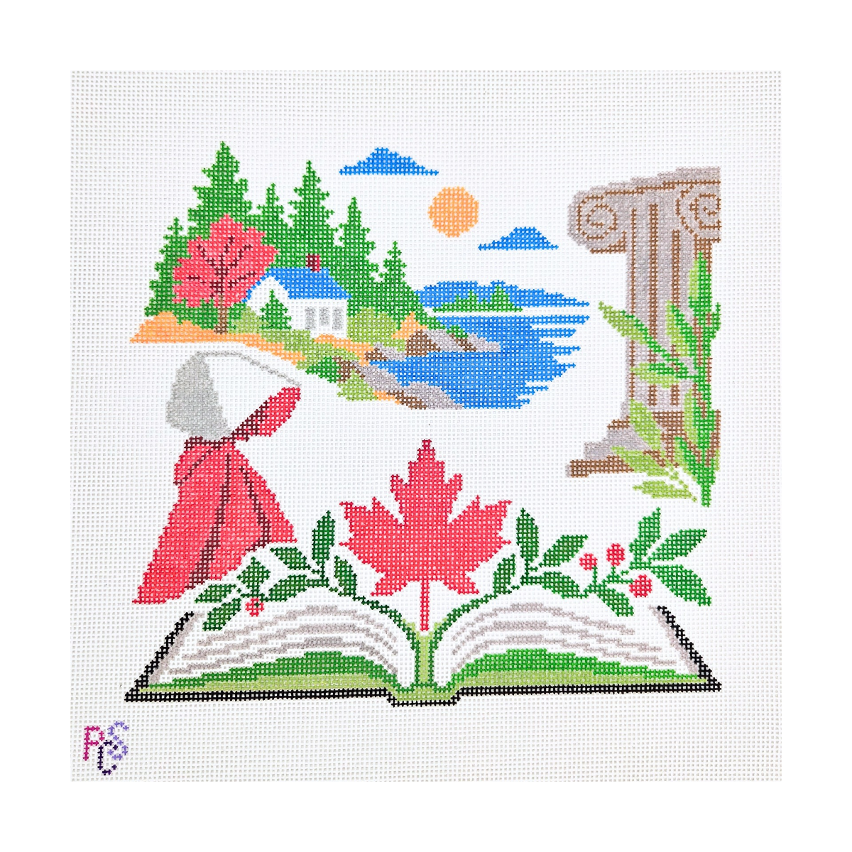 Canadian Literary Tribute needlepoint design featuring an Ontario lakeside cottage, classical column, open book and red maple leaf honouring Canadian women writers