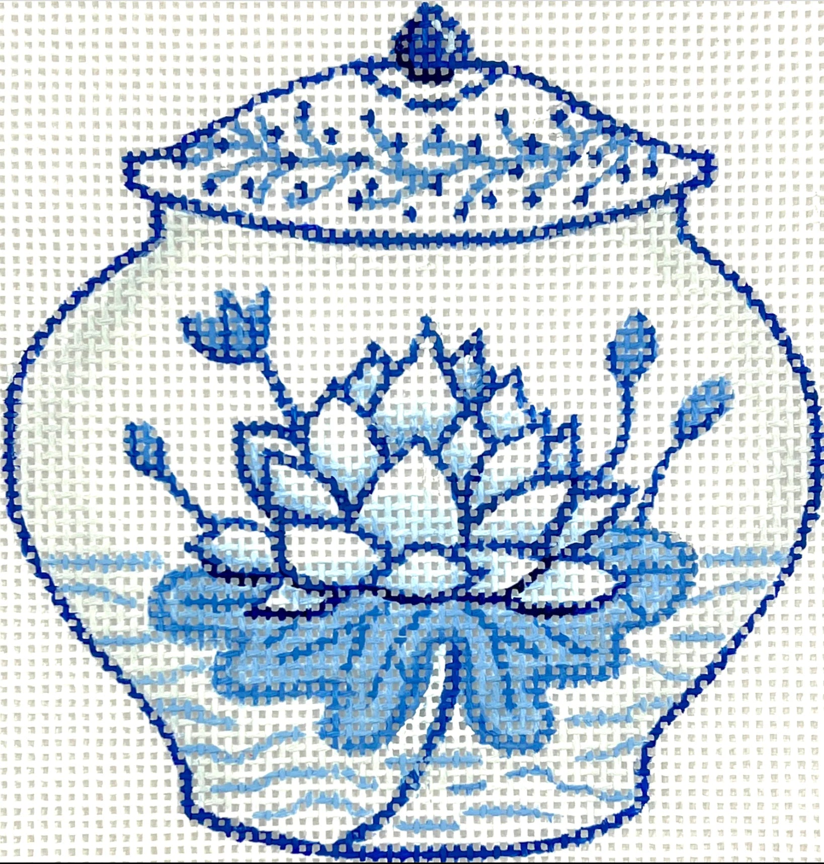 Kate Dickerson Mini Chinese Vase Blue & White Lotus Flower Needlepoint Canvas (OM-330)