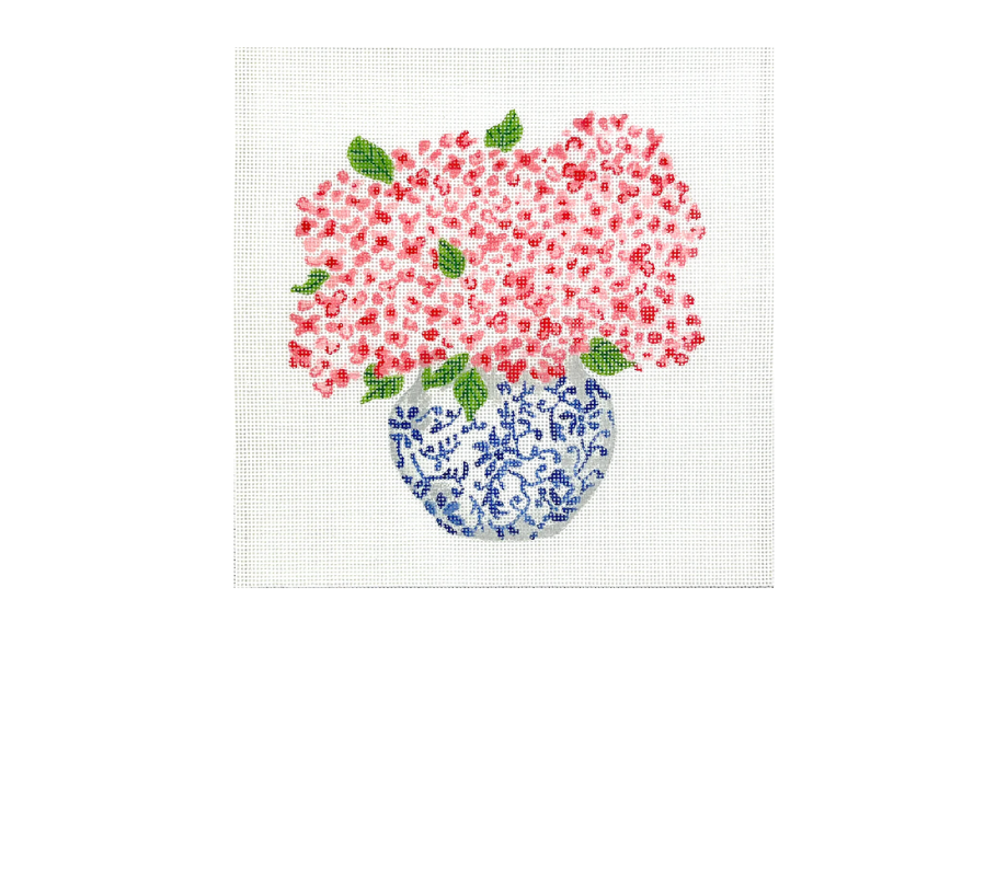 Kate Dickerson Needlepoint Collections Lindsay Brackeen Blue Chinoiserie Pot with Pink Hydrangeas Needlepoint Canvas (LB-PL-35)