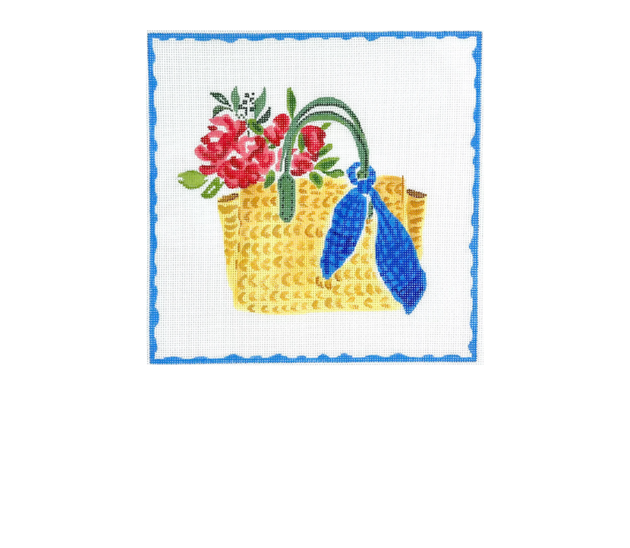 Kate Dickerson Straw Tote Bag with Blue Scarf Needlepoint Canvas (LB-PL-30)