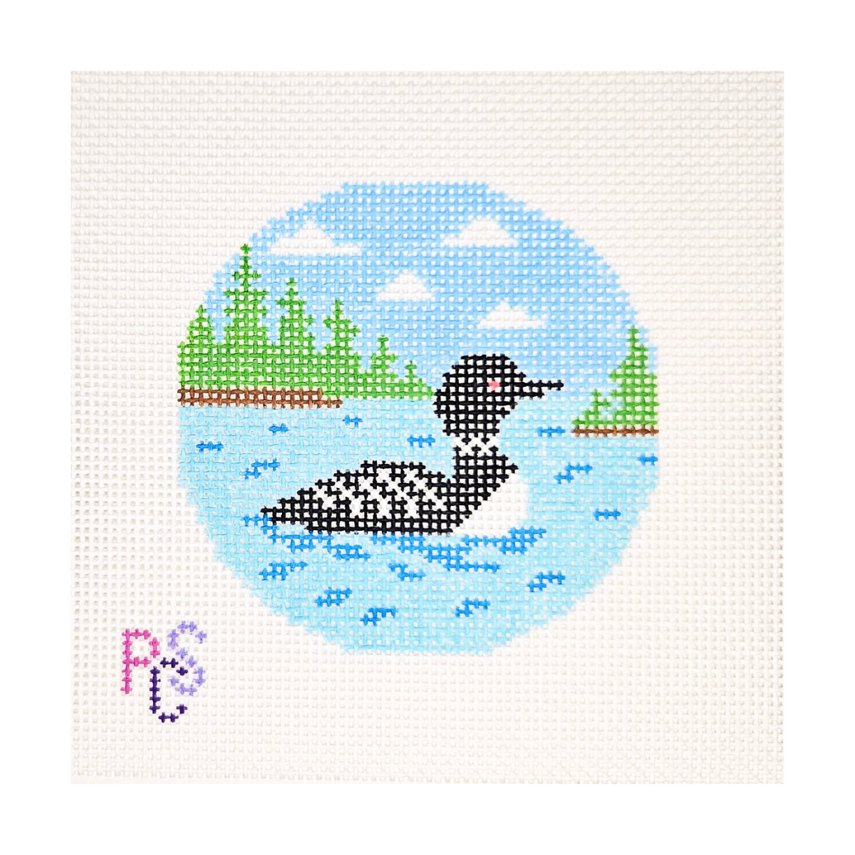 Lakeside Loon hand-painted needlepoint canvas featuring a Canadian loon swimming on a blue lake surrounded by evergreen trees