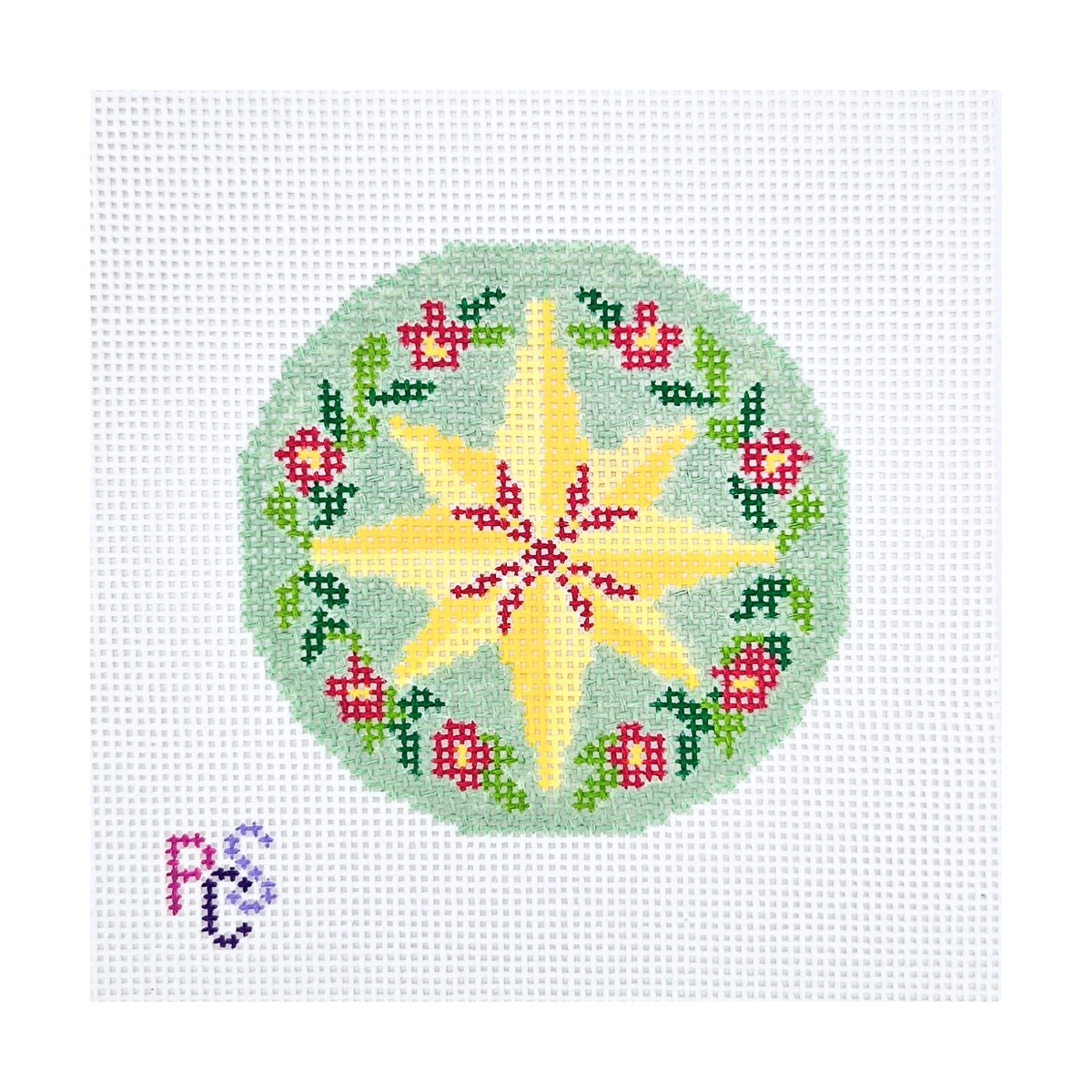 Merry Star hand-painted needlepoint canvas featuring a golden Christmas star surrounded by red flowers and green leaves on a mint green background