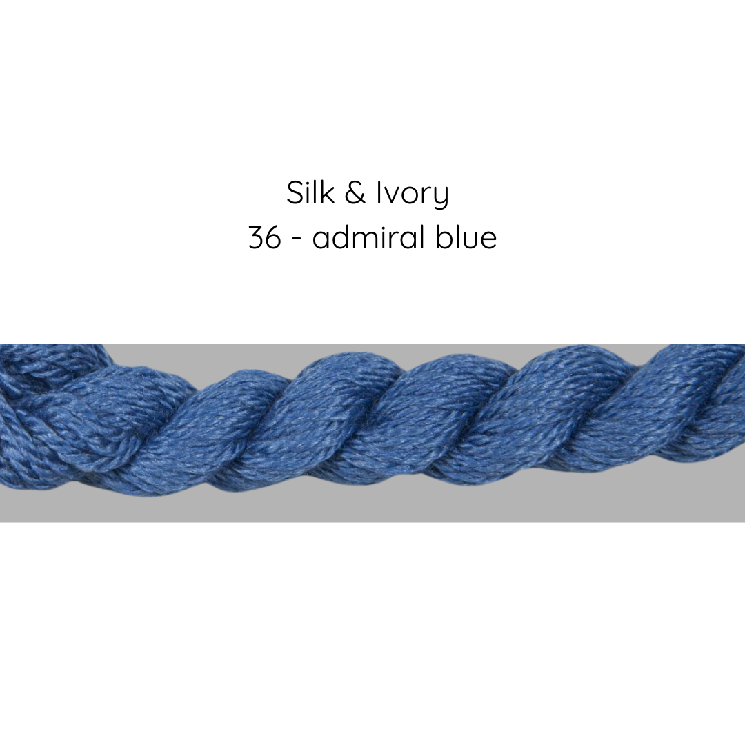 Close-up of a blue rope with 'Silk & Ivory' and '36 - admiral blue' text on a white background.