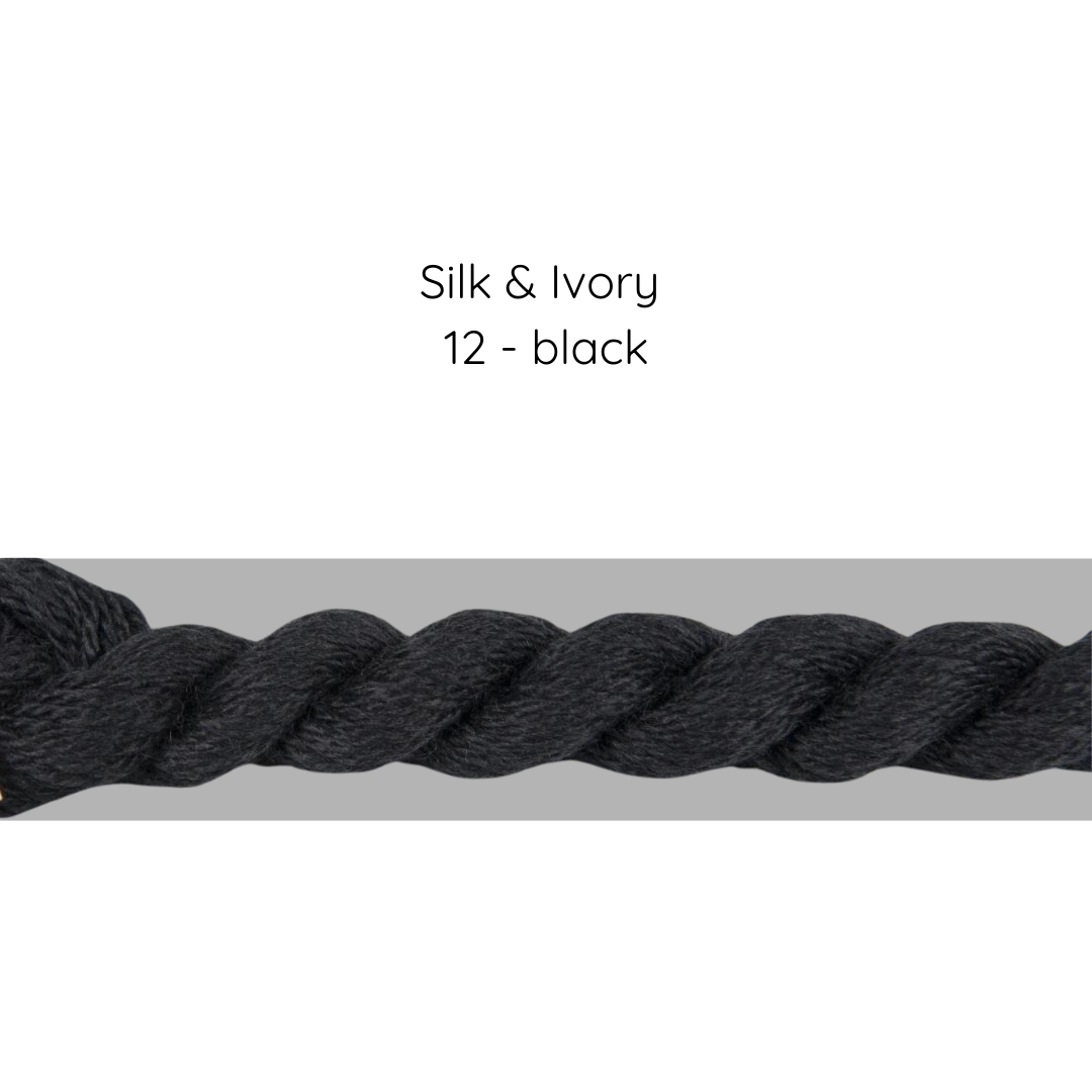 Black twisted yarn on a gray background with text 'Silk & Ivory 12 - black'.