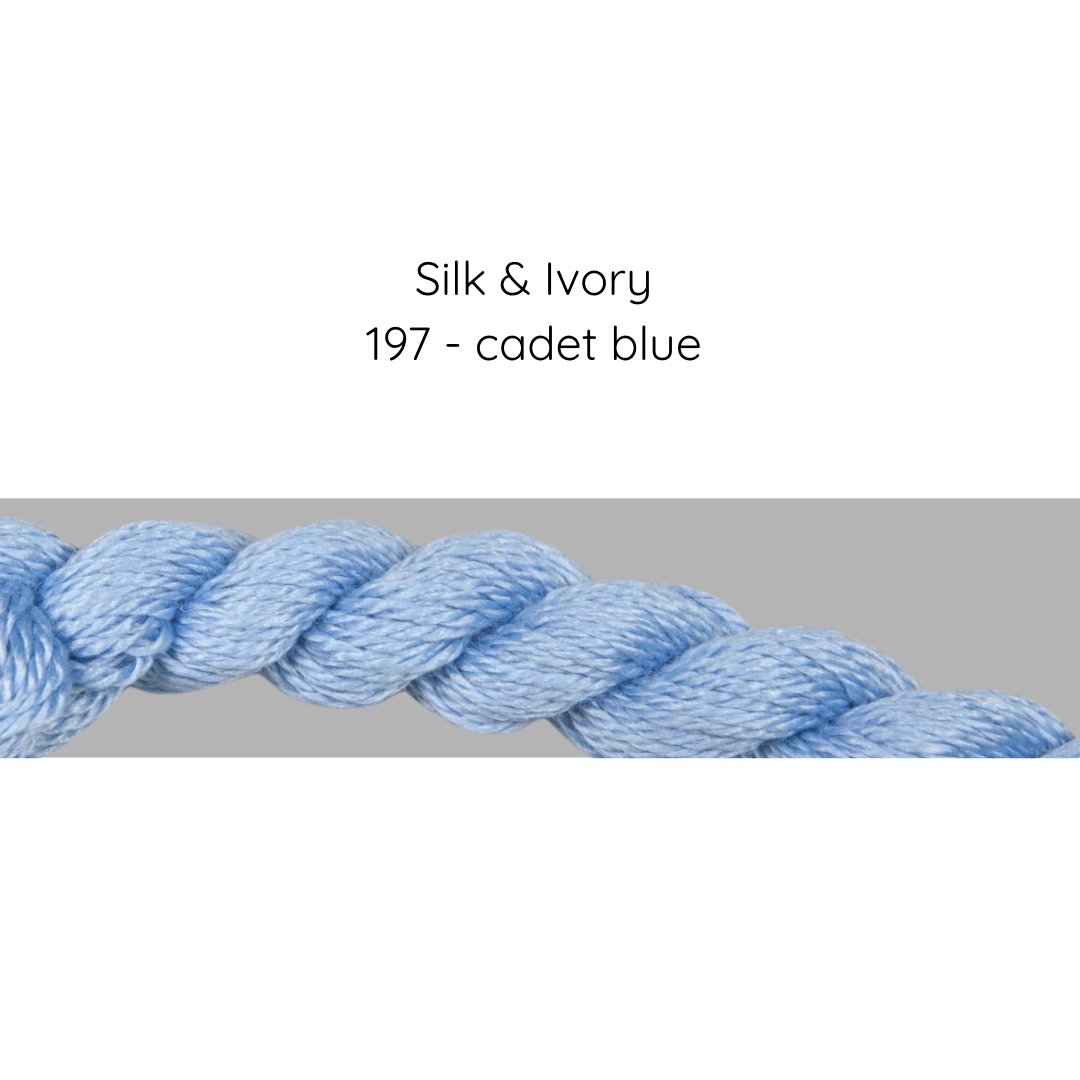 Close-up of a blue rope with 'Silk & Ivory 197 - cadet blue' text on a gray background