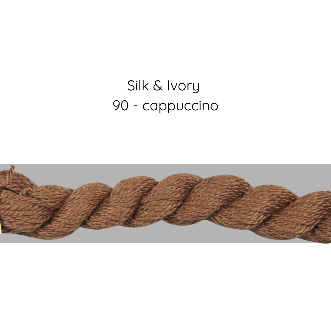 Braided brown cord labeled 'Silk & Ivory 90 - cappuccino' on a gray background