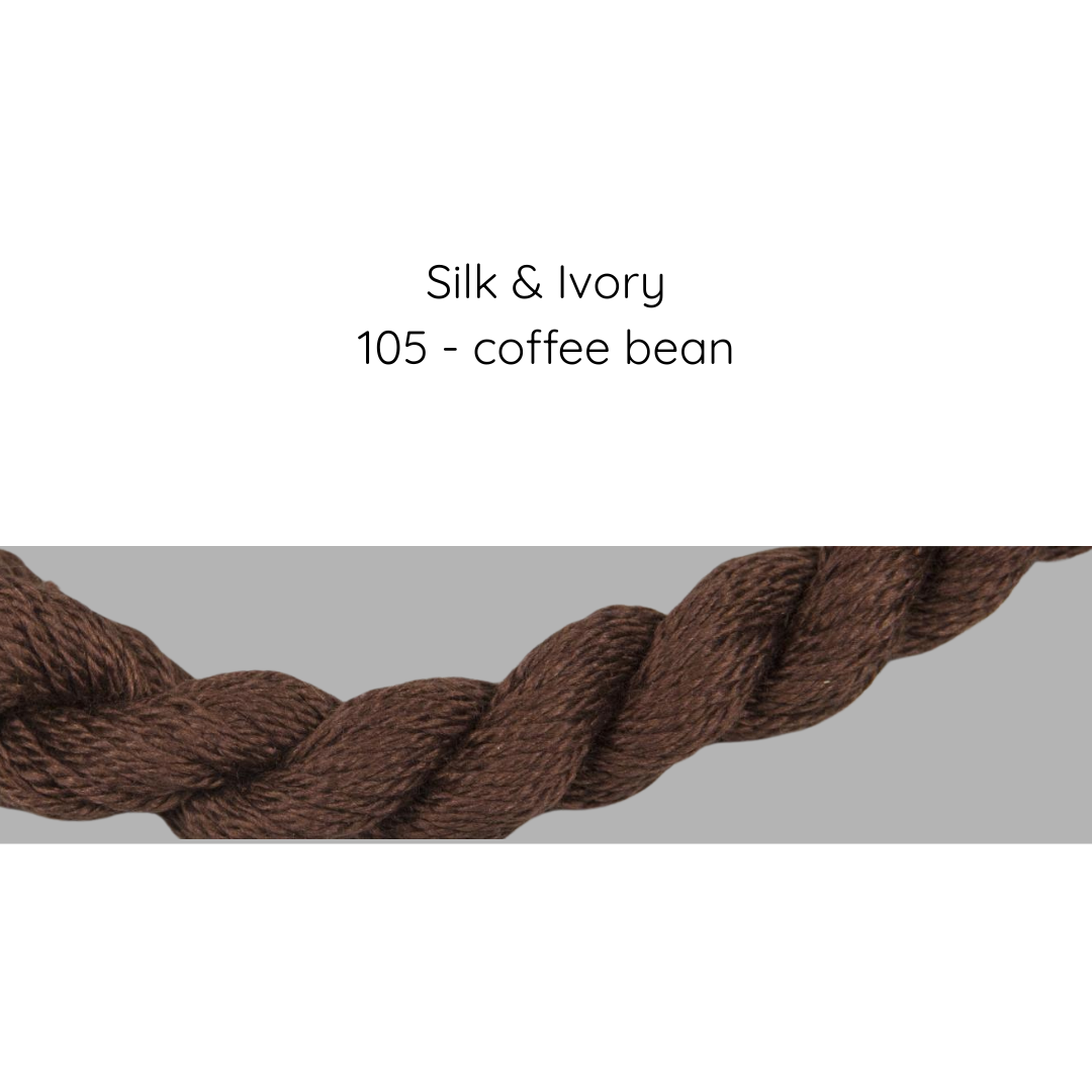 Close-up of brown yarn labeled 'Silk & Ivory 105 - coffee bean' on a gray background