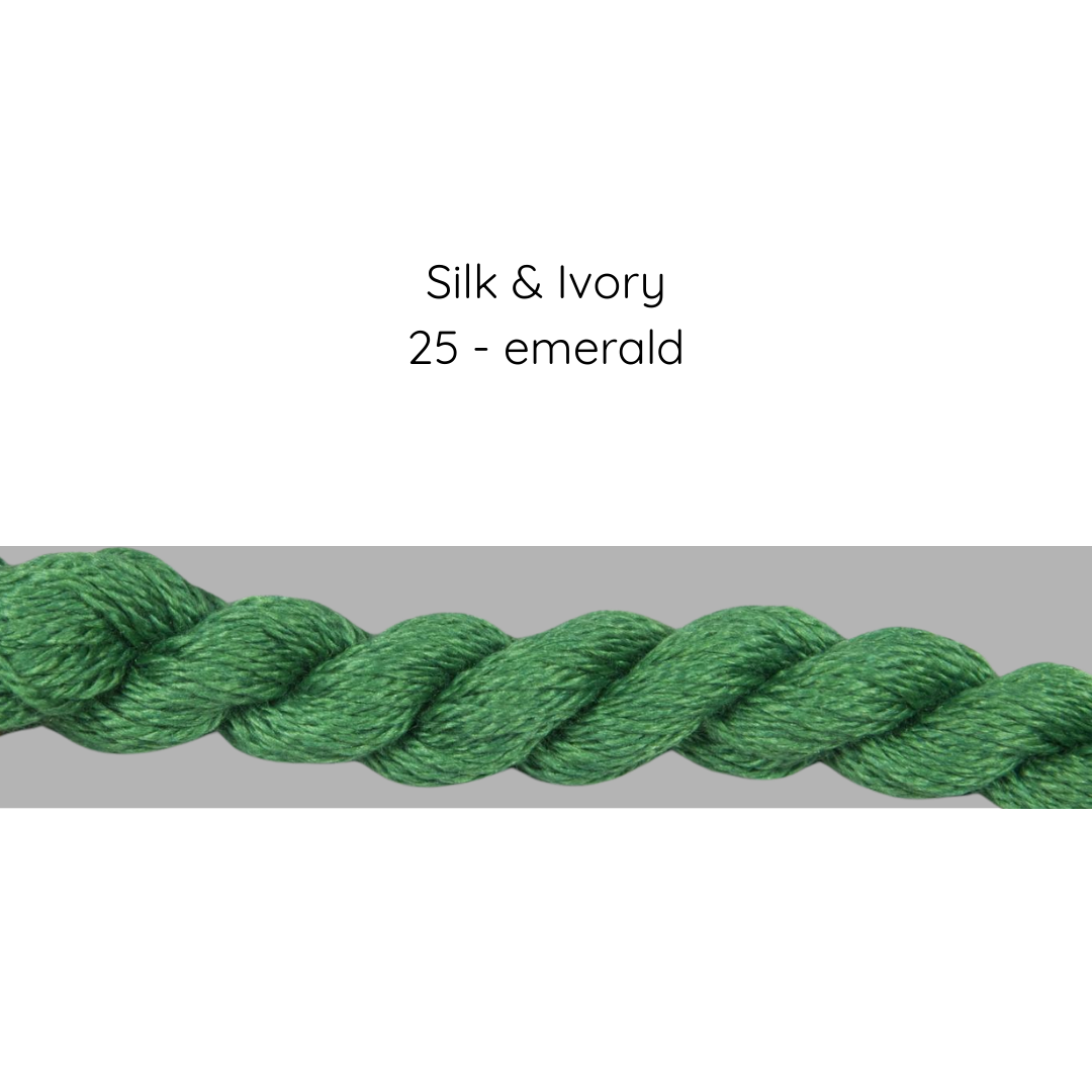Green yarn skein labeled 'Silk & Ivory 25 - emerald' on a gray background