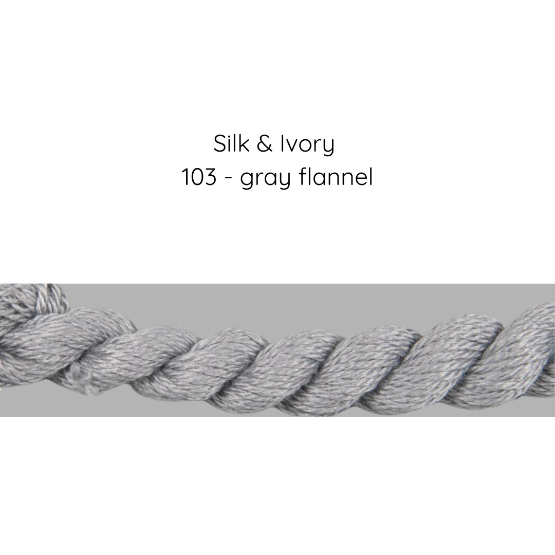 Gray flannel fabric with 'Silk & Ivory' and '103 - gray flannel' text on a white background