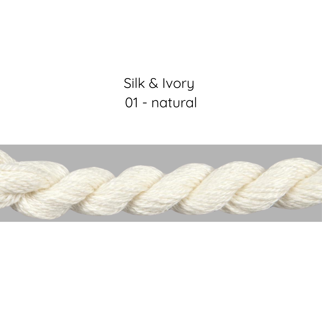 Close-up of a twisted silk and ivory rope on a gray background with text 'Silk & Ivory 01 - natural'.