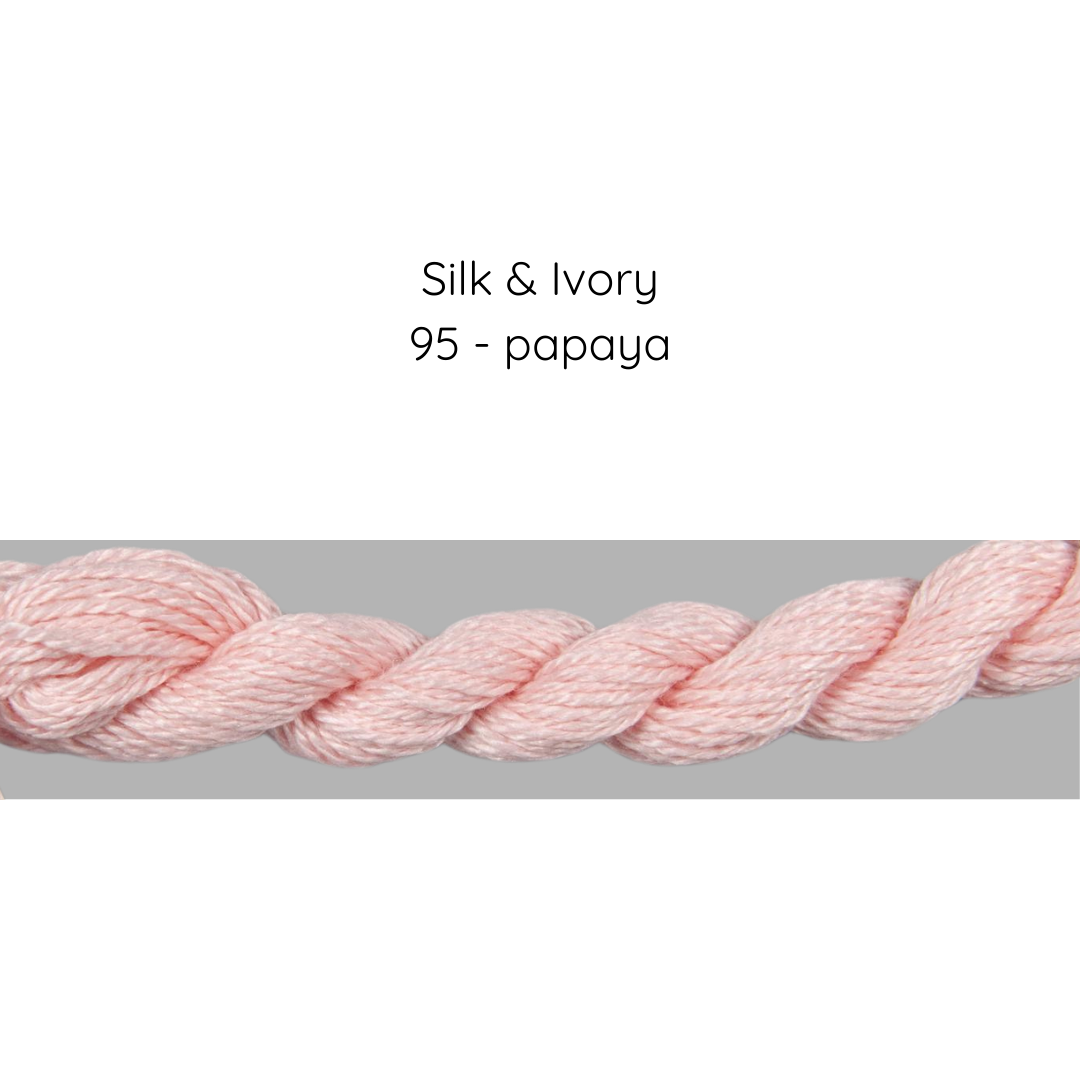 Pink thread labeled 'Silk & Ivory 95 - papaya' on a gray background