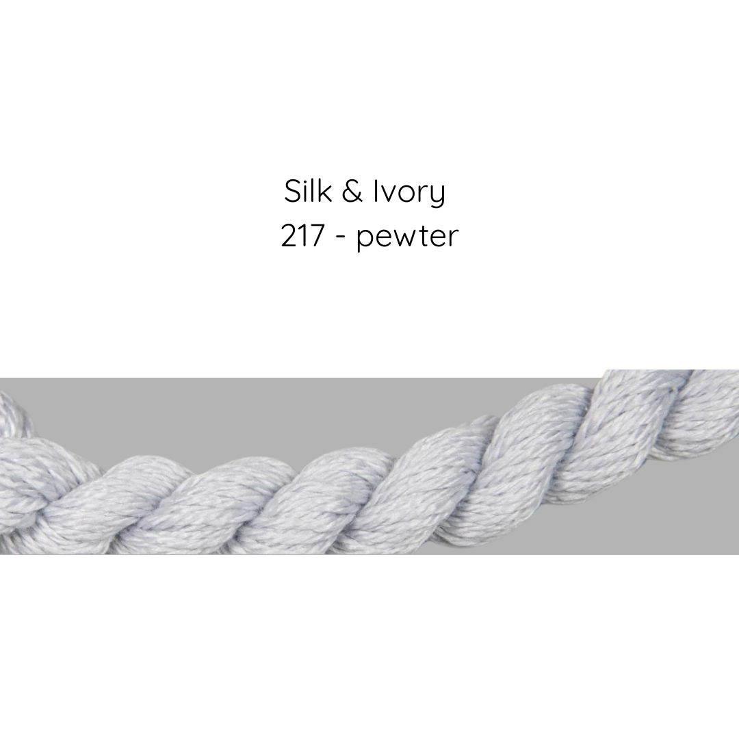 Silk & Ivory 217 pewter color swatch with a rope texture on a gray background