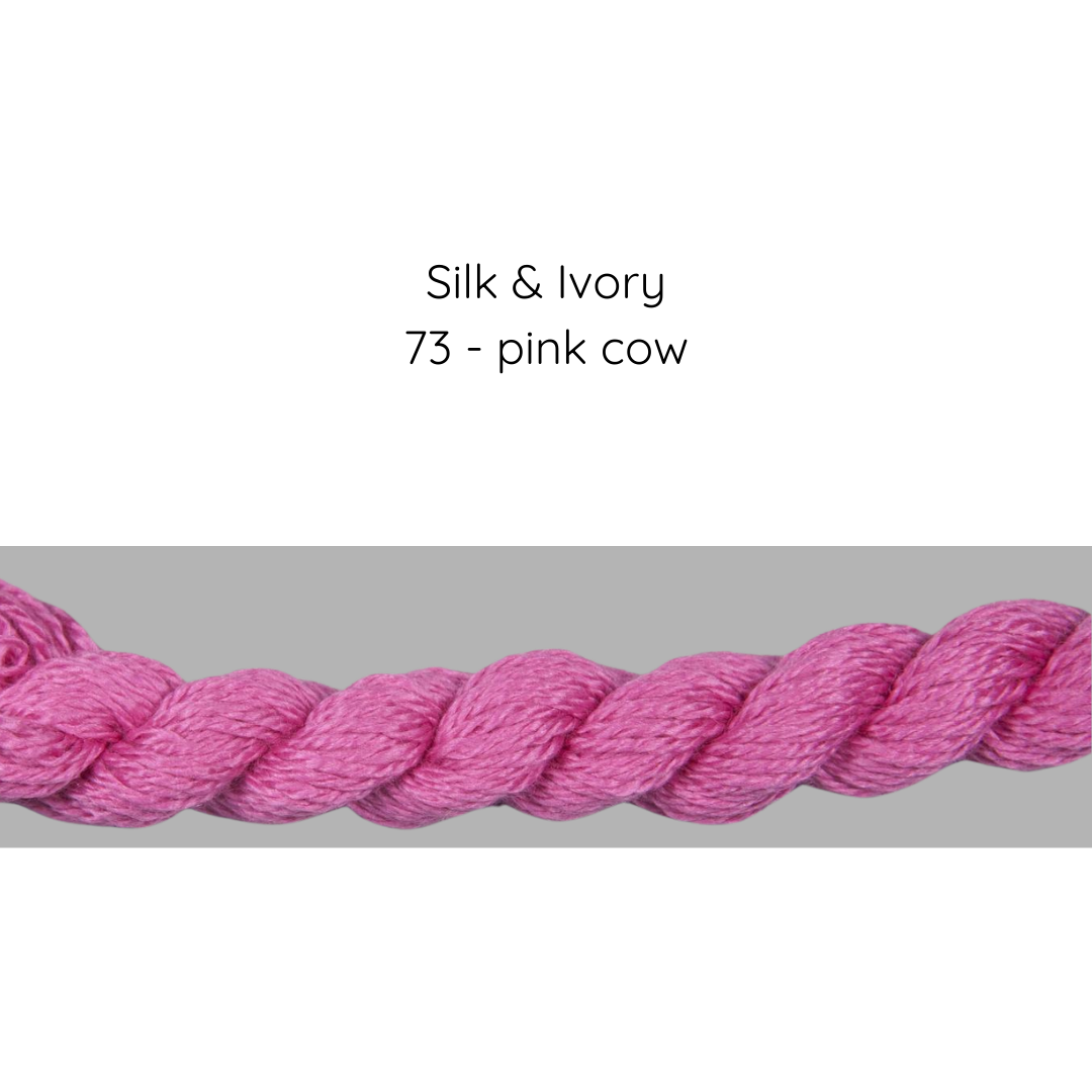 Pink yarn on a gray background with text 'Silk & Ivory 73 - pink cow'.