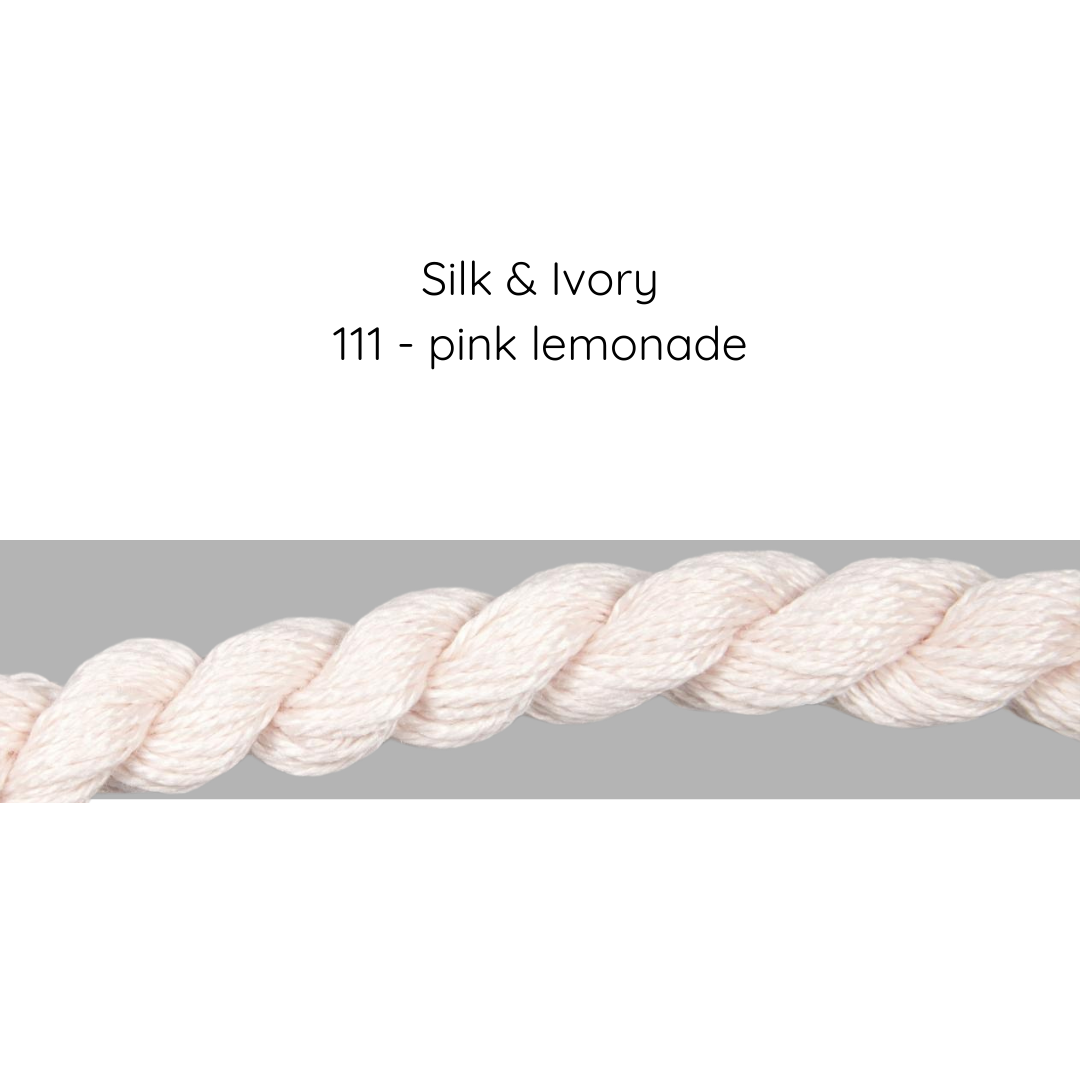 Close-up of pink lemonade fabric swatch labeled 'Silk & Ivory 111' on a gray background