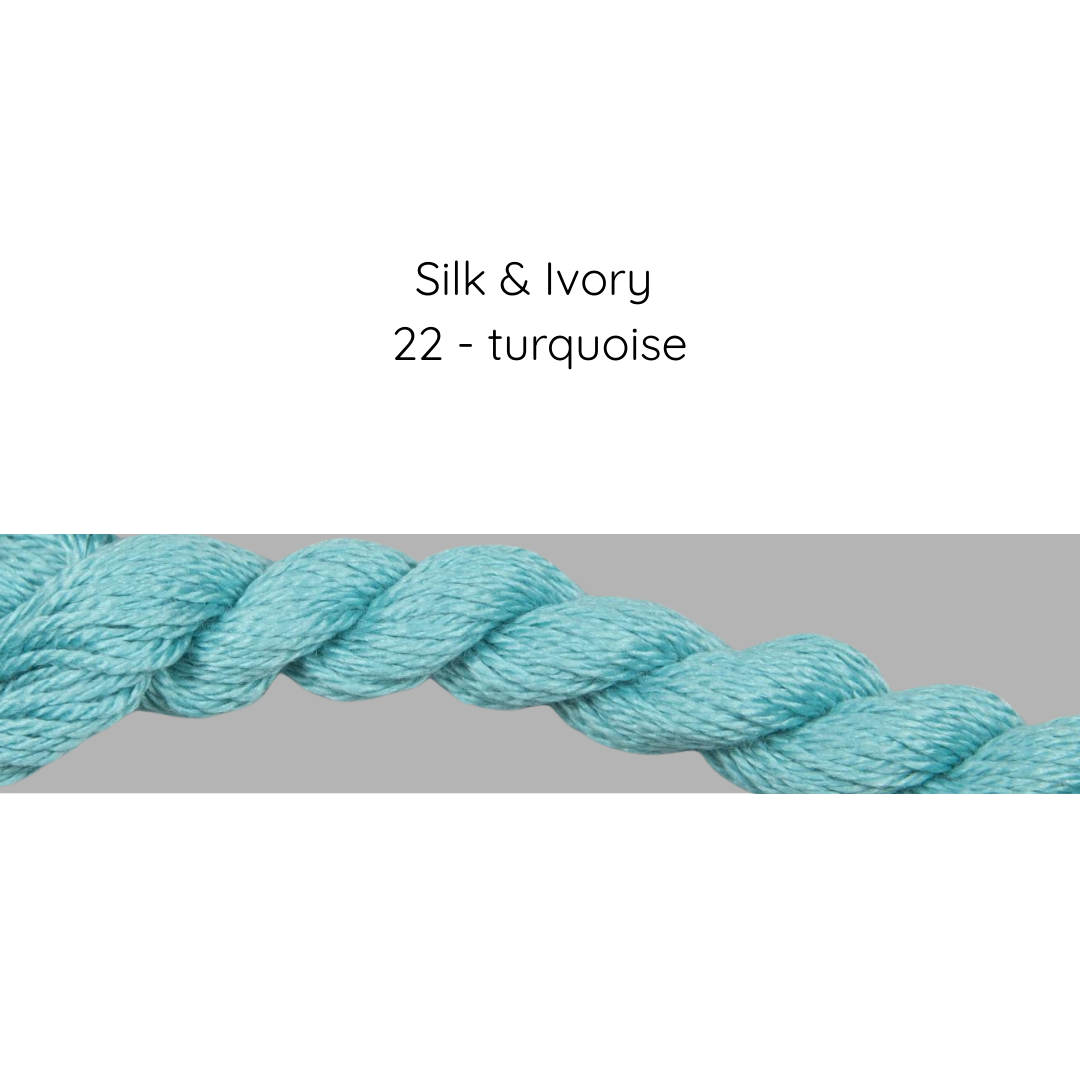 Turquoise thread with 'Silk & Ivory' and '22 - turquoise' text on a gray background