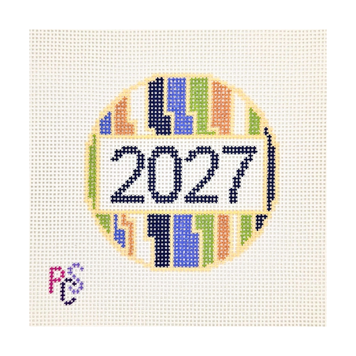 Twenty Seven 2027 hand-painted needlepoint canvas with modern blue, green and taupe geometric design on 13 count Zweigart canvas