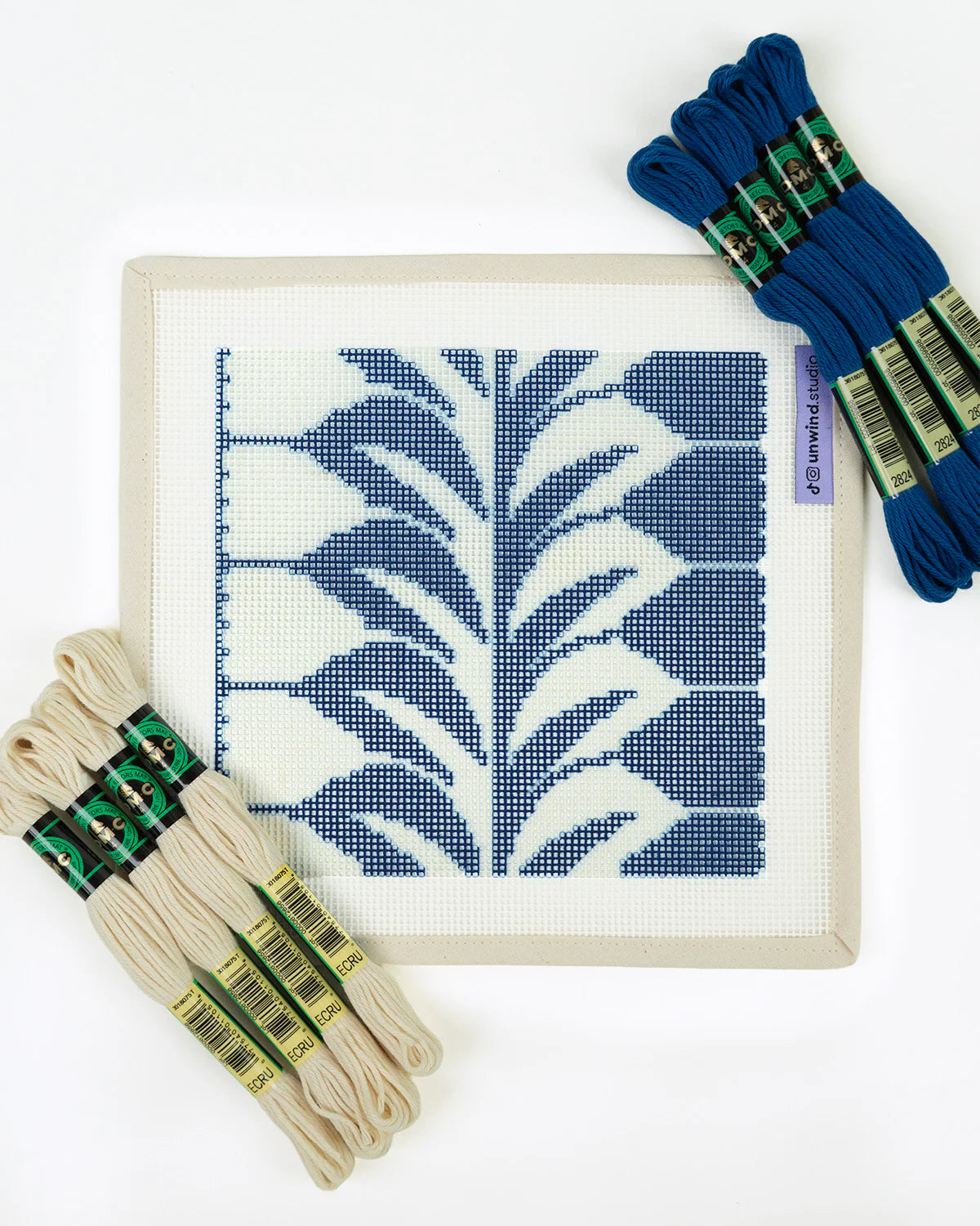 Needlepoint kit with blue and white pattern and colorful floss on a white background