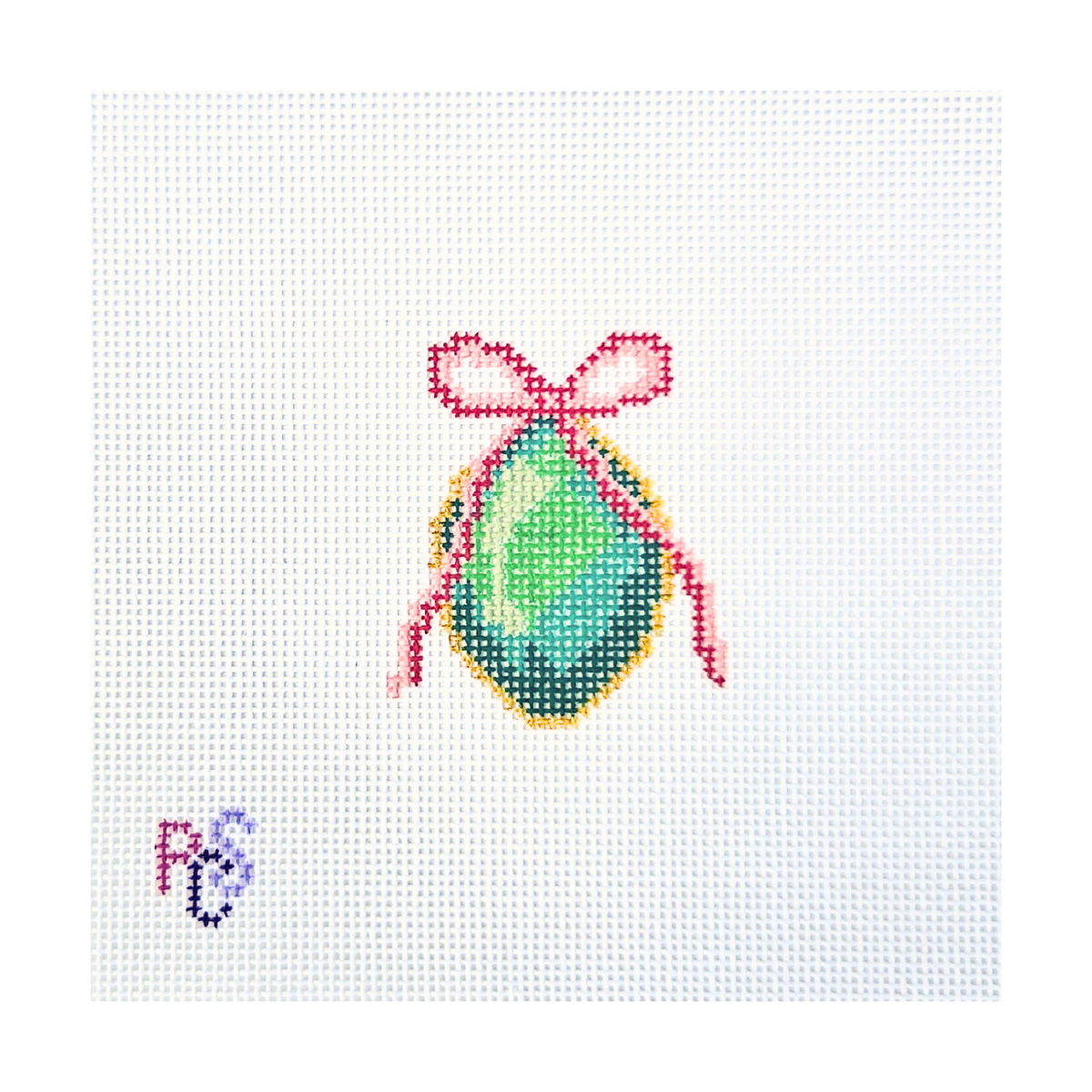 Emerald Jewel with Pink Bow hand-painted needlepoint canvas featuring a faceted green gemstone with pink bow and gold accents with gold