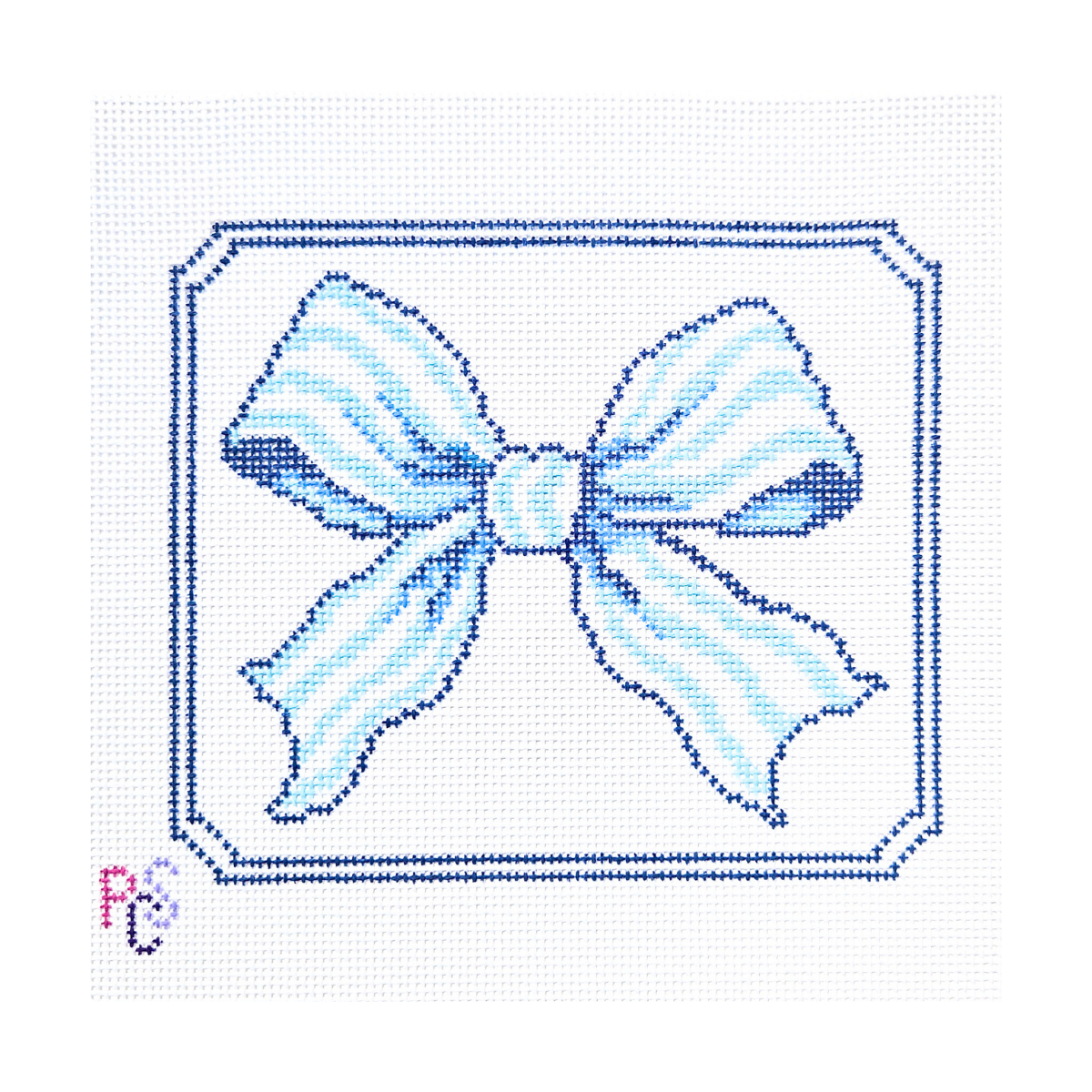 Hand-painted Blue Ribbon Bow Needlepoint Kit on 13 Count Zweigart Mono Deluxe Canvas featuring an elegant soft blue bow with a classic double-line border