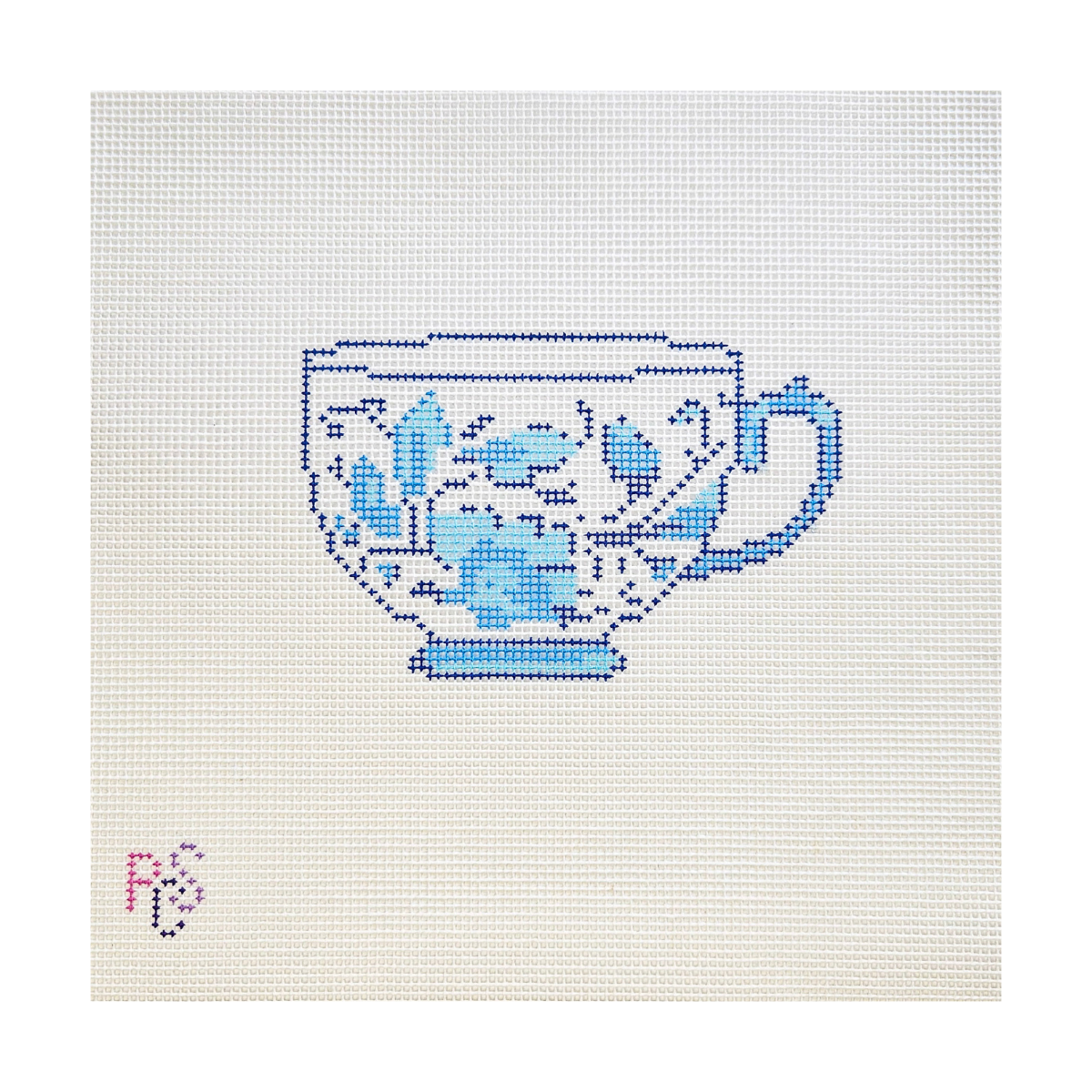 blue floral teacup needlepoint canvas 14 mesh