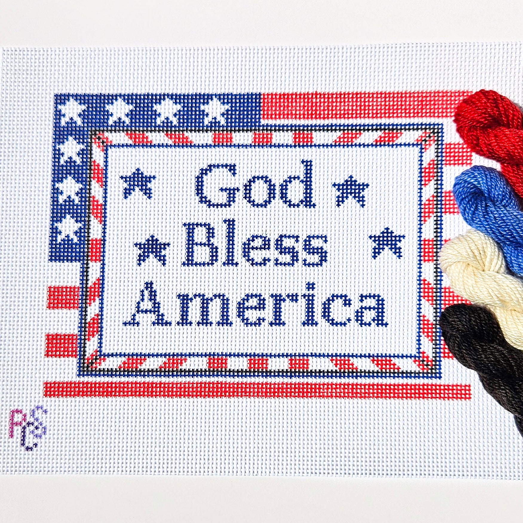 God Bless America needlepoint canvas featuring patriotic red white and blue Americana design on 13 Count Zweigart Mono Deluxe Canvas Dinky Dyes