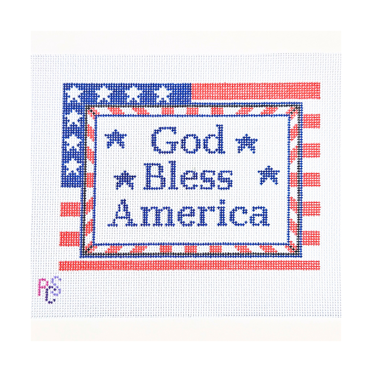 God Bless America needlepoint canvas featuring patriotic red white and blue Americana design on 13 Count Zweigart Mono Deluxe Canvas