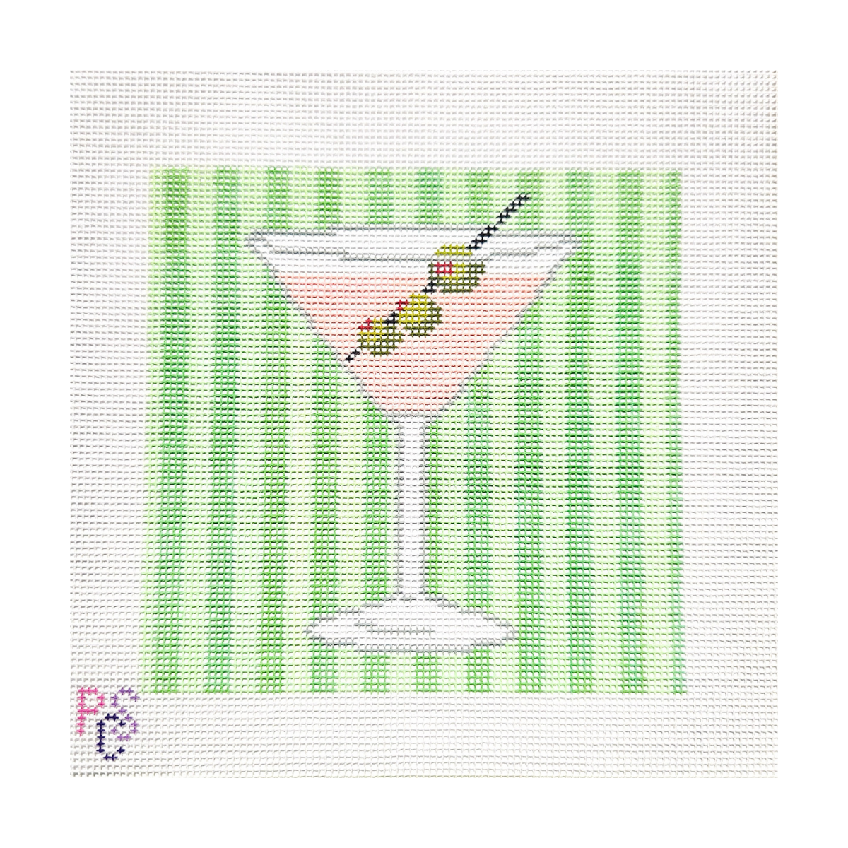 Martini Rosé needlepoint canvas featuring a hand-painted pink cocktail glass design, perfect for bar cart décor, cocktail lovers, and modern stitching projects.
