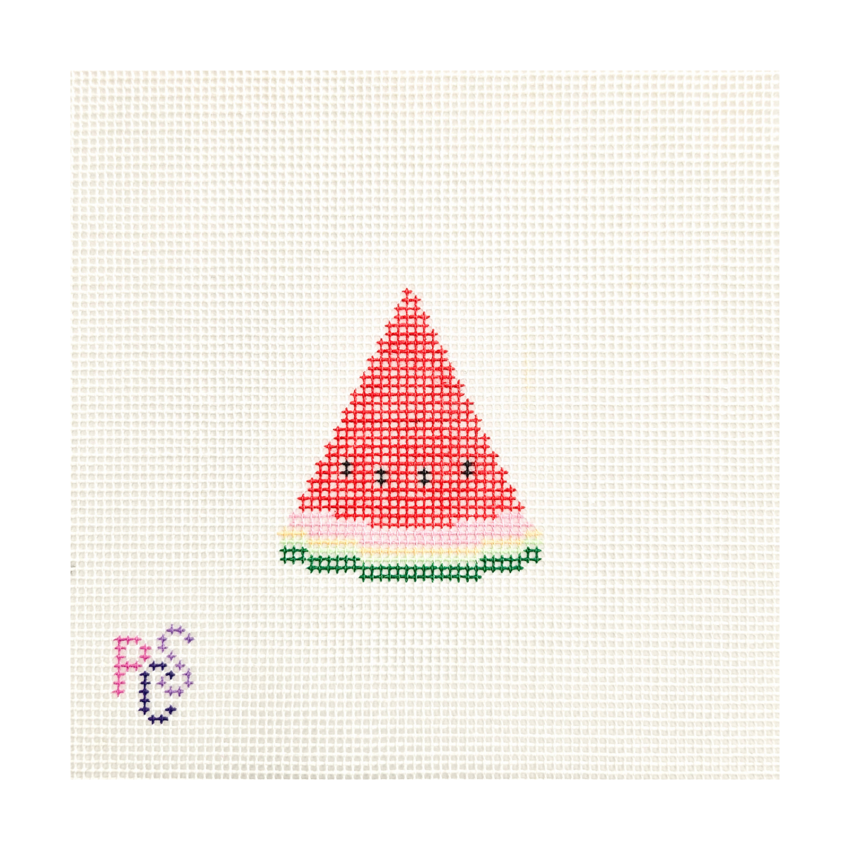 Mini Watermelon Slice needlepoint canvas featuring a hand-painted watermelon design on 14 mesh canvas, perfect for summer décor and fruit-themed stitching projects.