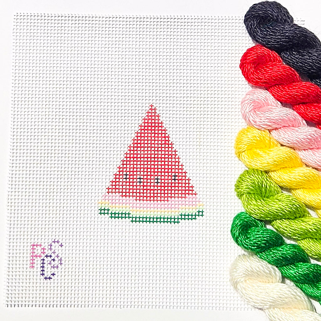 Mini Watermelon Slice needlepoint canvas featuring a hand-painted watermelon design on 14 mesh canvas, perfect for summer décor and fruit-themed stitching projects Silk and Ivory