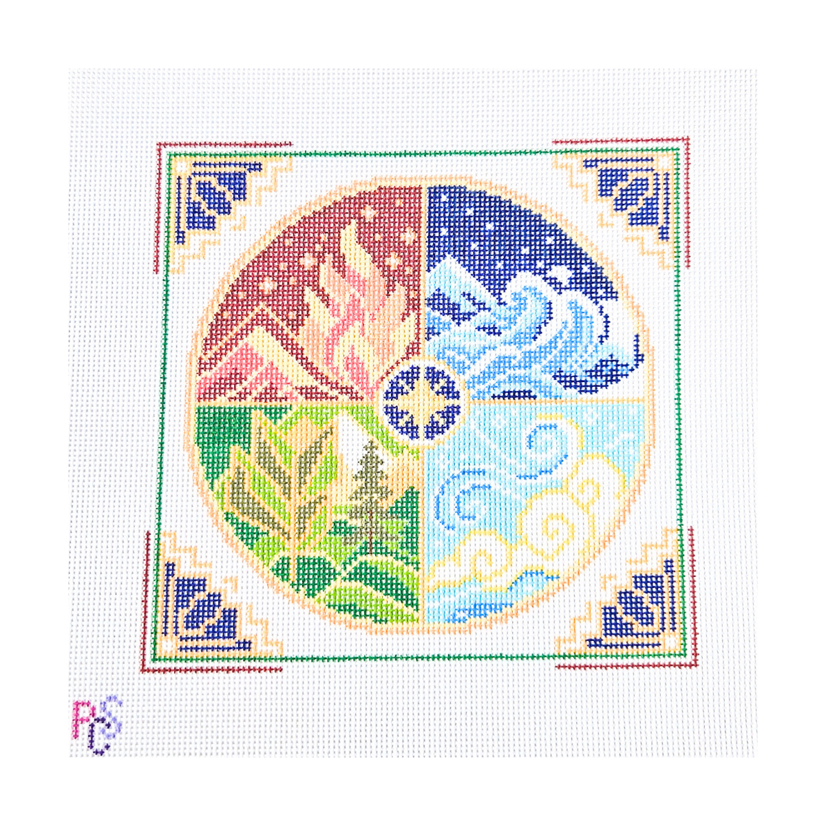 Hand-painted The Four Elements Needlepoint Kit on 13 Count Zweigart Mono Deluxe Canvas featuring symbolic fire, water, earth, and air arranged in a colorful circular geometric design.