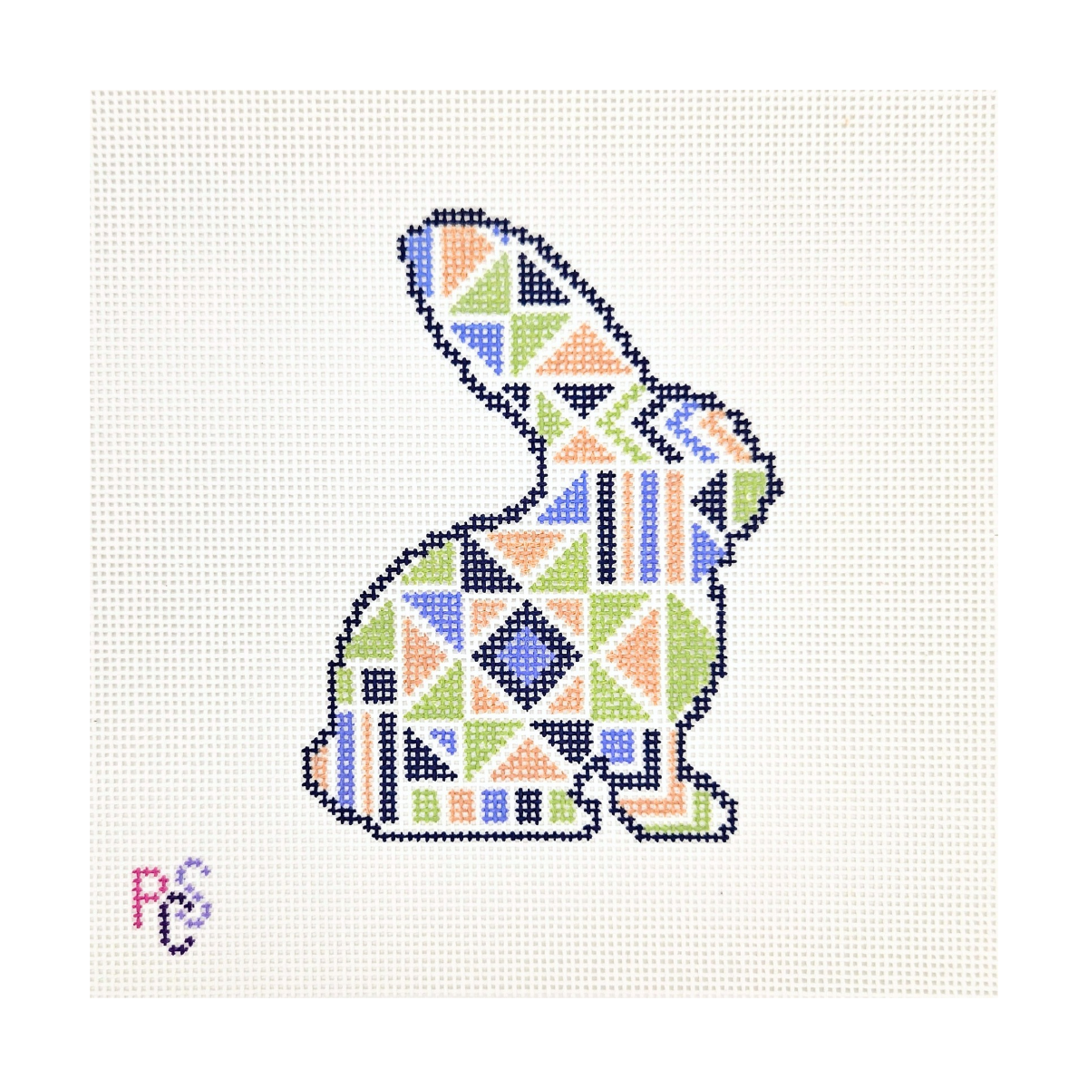 All in a Bunnie hand-painted needlepoint canvas featuring a geometric bunny in navy blue, green, periwinkle and tan on 13 count Zweigart canvas