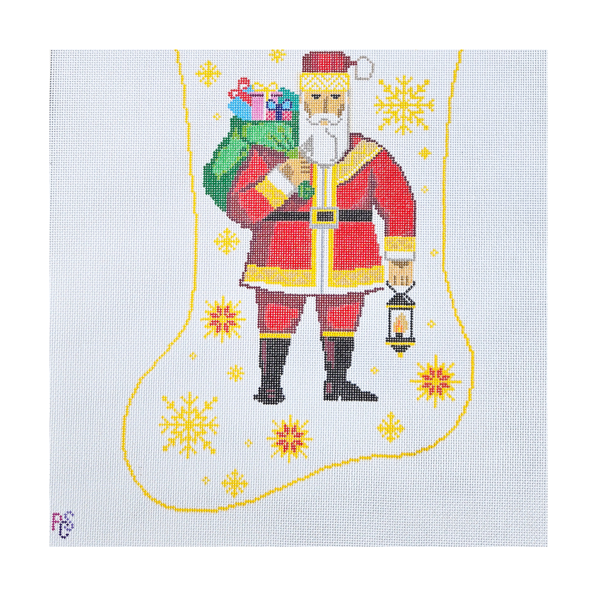 Hand-painted Art Deco Lantern Santa Christmas stocking needlepoint canvas featuring Santa carrying gifts and holding a lantern beneath a geometric celestial border on 13 Count Zweigart Mono Deluxe Canvas.