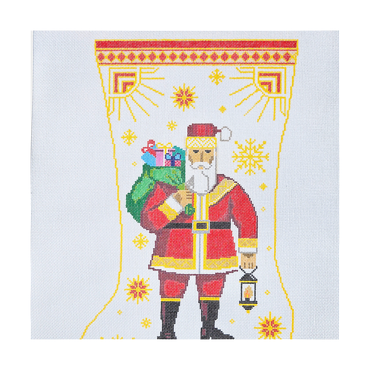 Hand-painted Art Deco Lantern Santa Christmas stocking needlepoint canvas featuring Santa carrying gifts and holding a lantern beneath a geometric celestial border on 13 Count Zweigart Mono Deluxe Canvas.