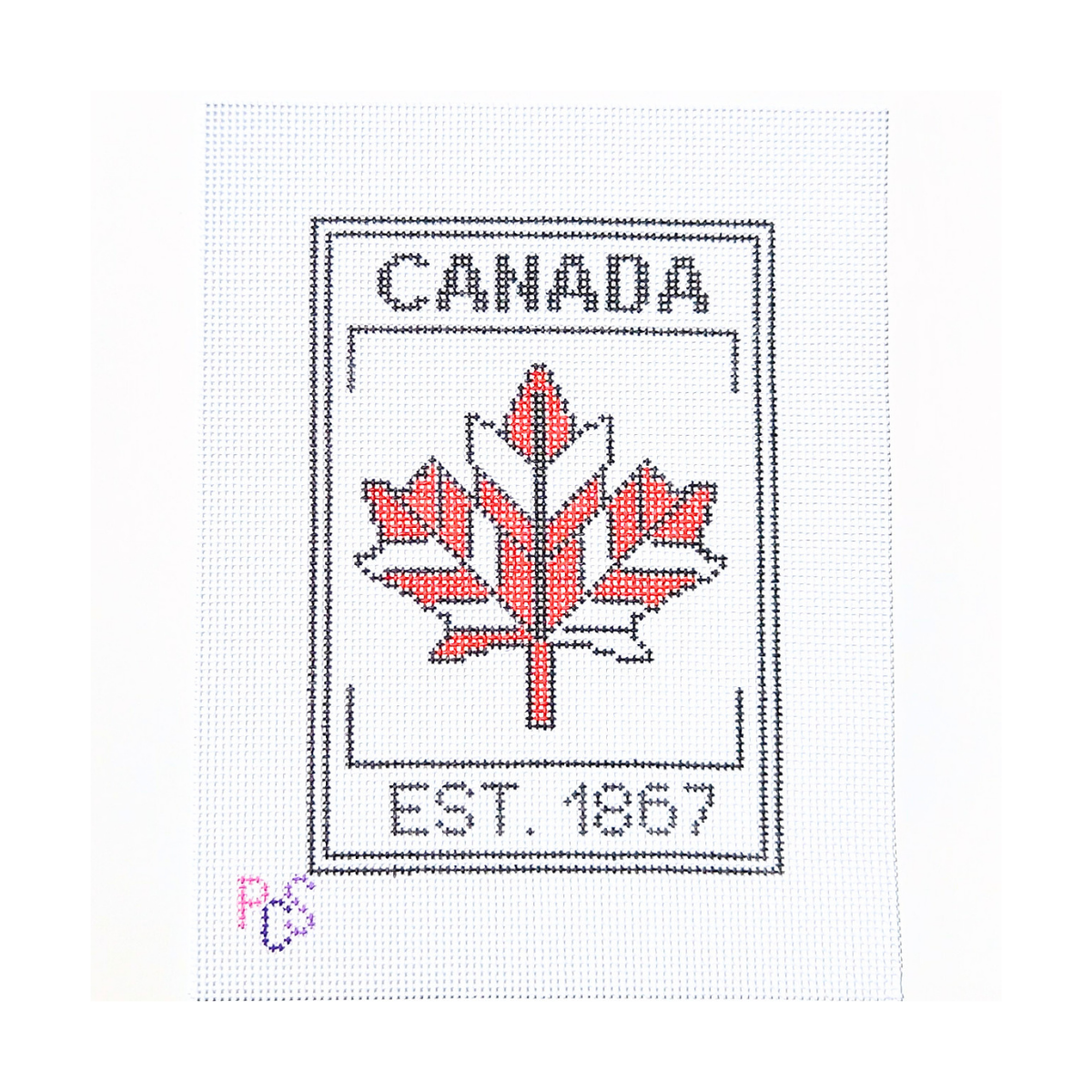 hand-painted Canada 1867 maple leaf needlepoint canvas featuring a modern red geometric maple leaf design on 13 Count Zweigart Mono Deluxe Canvas