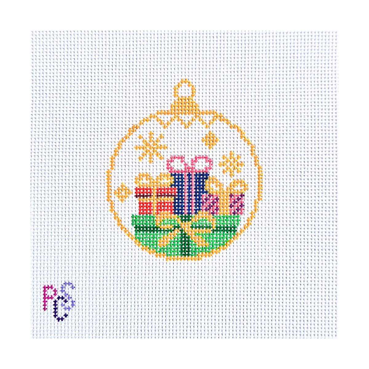 Hand-painted Christmas ornament needlepoint canvas featuring colorful wrapped gifts inside a classic ornament design on premium 13 Mesh Mono Canvas.