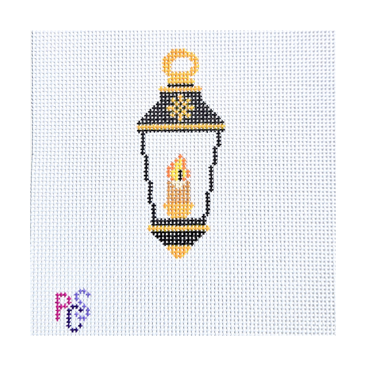 Hand-painted Christmas lantern ornament needlepoint canvas featuring a glowing candle on premium 13 Count Zweigart Mono Deluxe Canvas.
