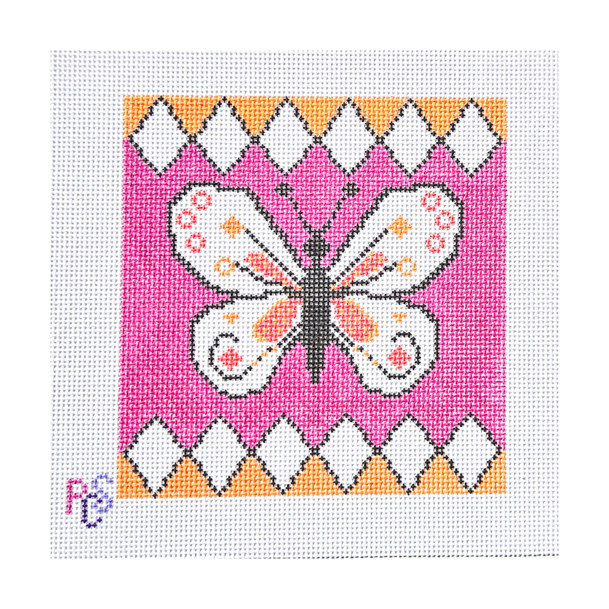 Diamond Butterfly hand-painted needlepoint canvas on 13 count Zweigart mono canvas with pink and orange butterfly and geometric border
