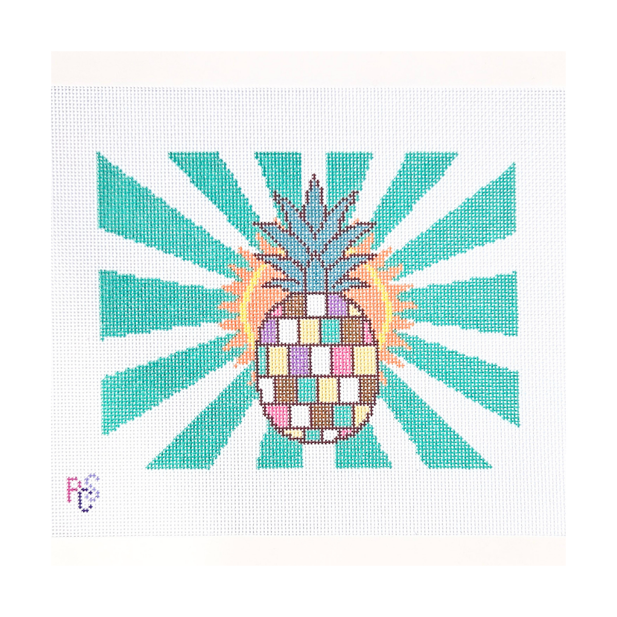 Hand-painted Disco Pineapple needlepoint canvas featuring colorful pastel blocks and turquoise sunburst rays on 13 Count Zweigart Mono Deluxe Canvas.