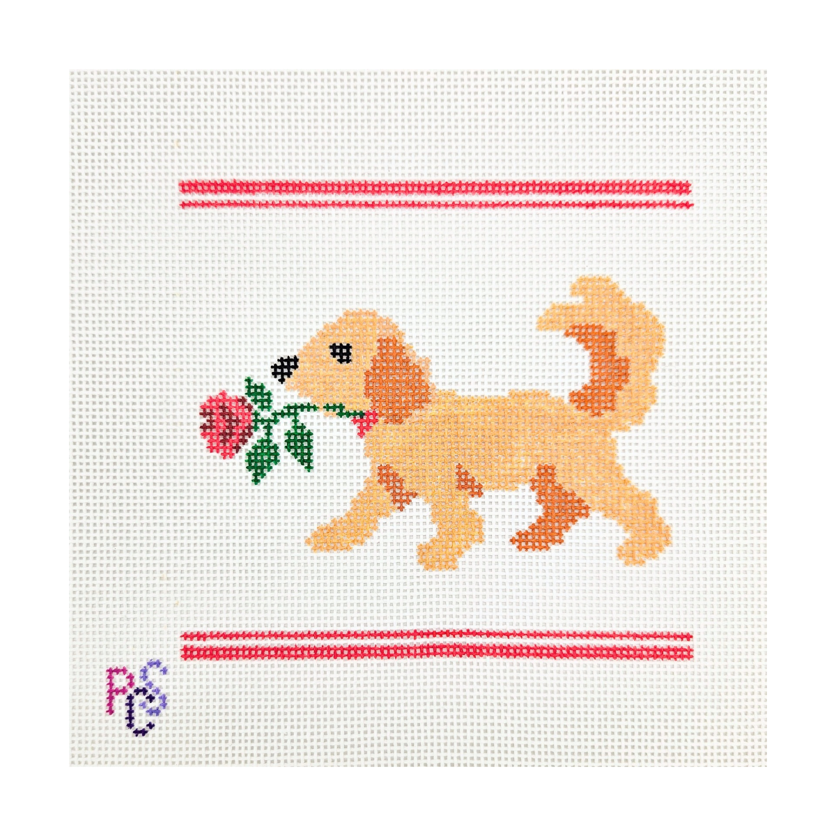 Doodletine dog hand-painted needlepoint canvas featuring a golden doodle carrying a red rose on 13 count Zweigart canvas