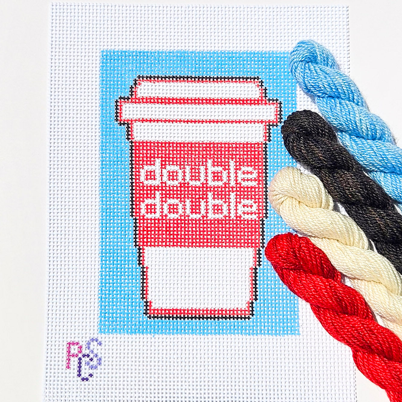 hand-painted Double Double coffee cup needlepoint design on 14 mesh mono canvas for coffee lovers and modern stitching projects Dinky Dyes