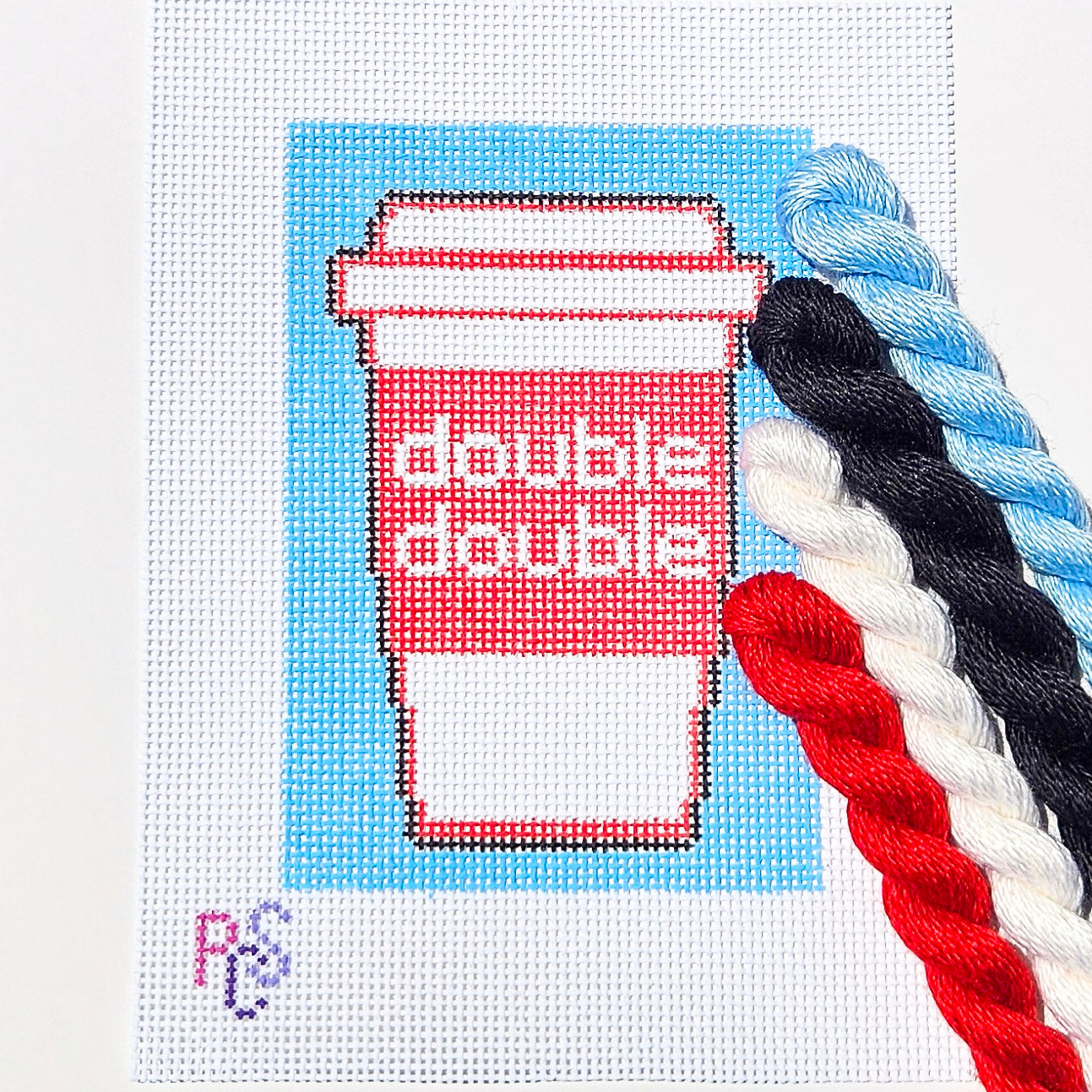hand-painted Double Double coffee cup needlepoint design on 14 mesh mono canvas for coffee lovers and modern stitching projects Silk and ivory
