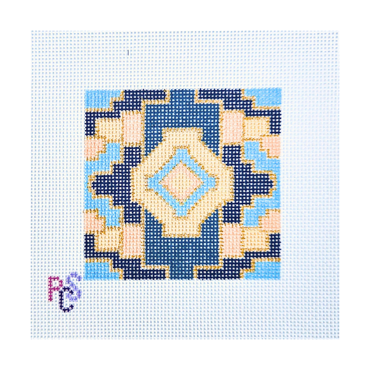 Geometric Mosaic hand-painted needlepoint canvas featuring a symmetrical teal, navy, blue, peach and gold geometric pattern with gold lines
