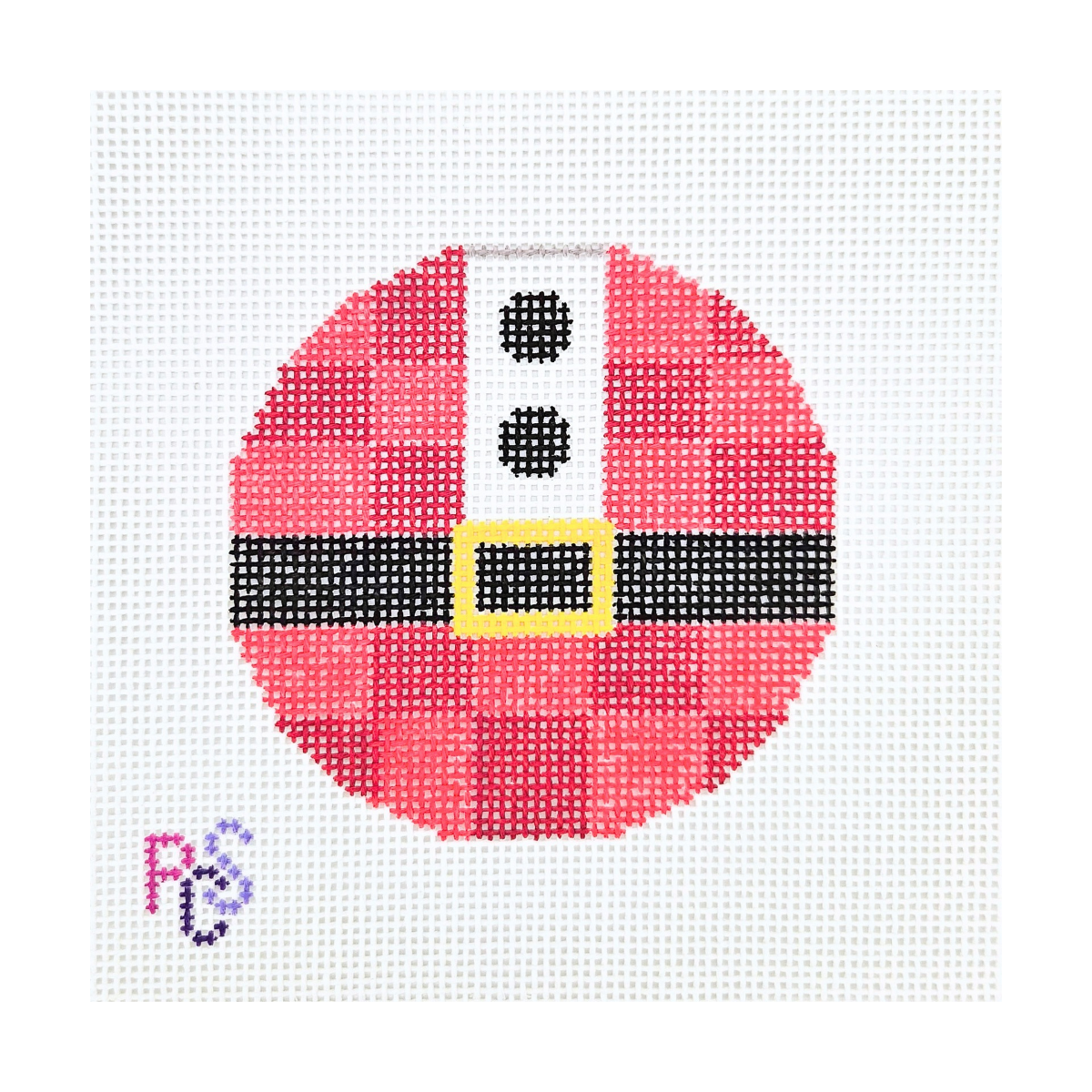 HO HO HO hand-painted needlepoint canvas featuring a red and pink checkerboard Santa suit with black belt and golden buckle